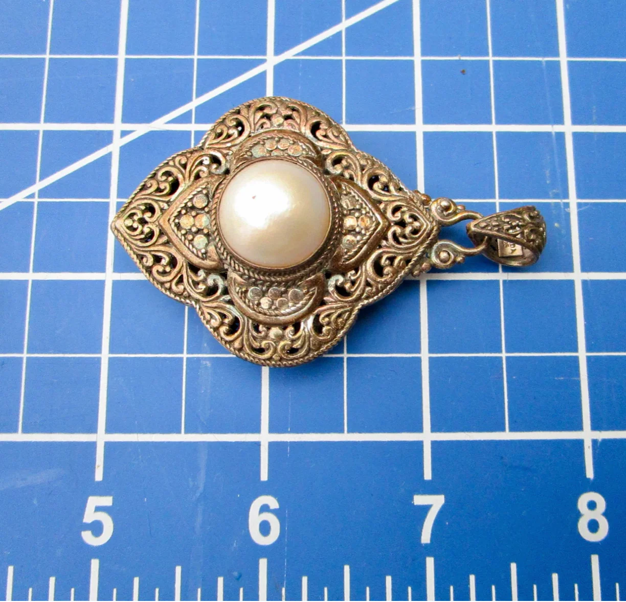 90s Large Bali Silver Pendant With Mabe Pearl Center By Sarda - Image 6