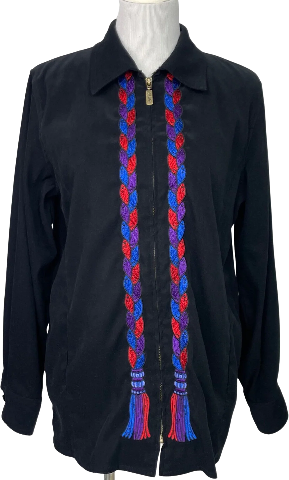 90s Lightweight Black Full Zip Wearable Art Jacket By Bob Mackie