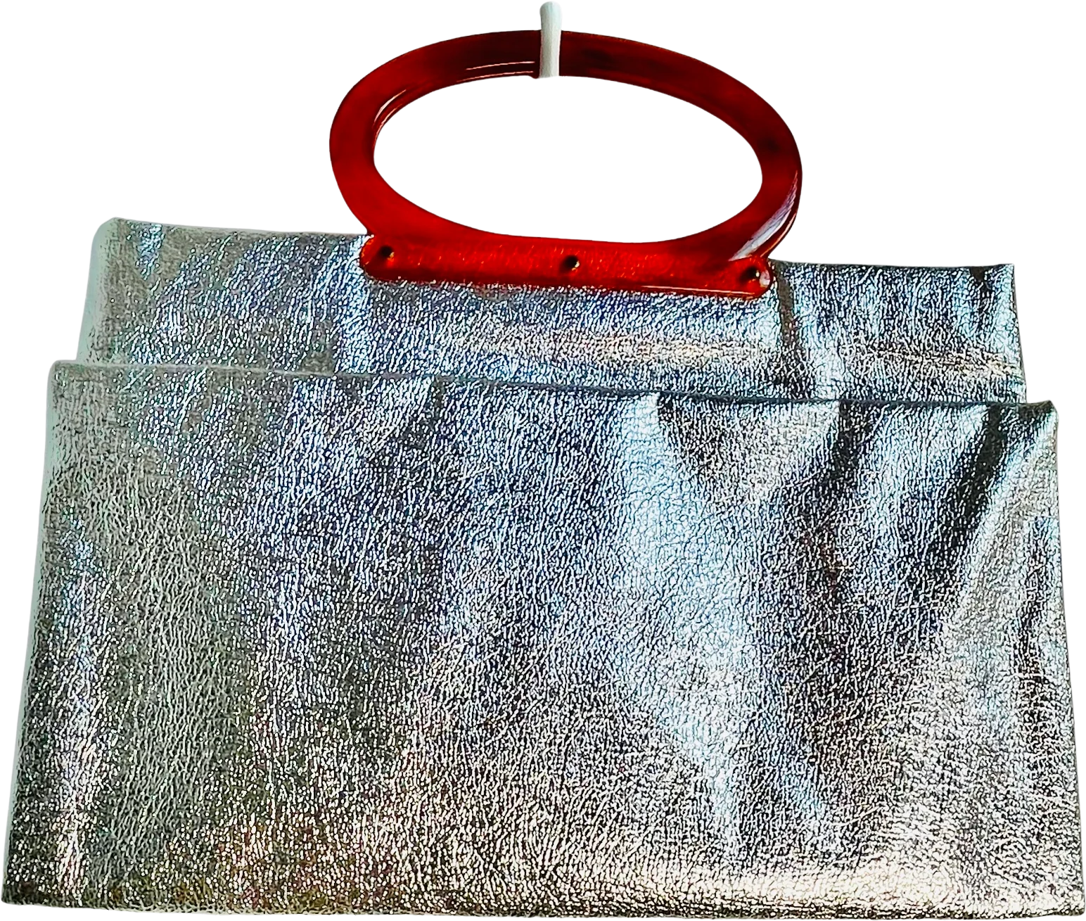 90s Metallic Silver Foil Clutch Tote Lucite Handle By Handcrafted - Image 2