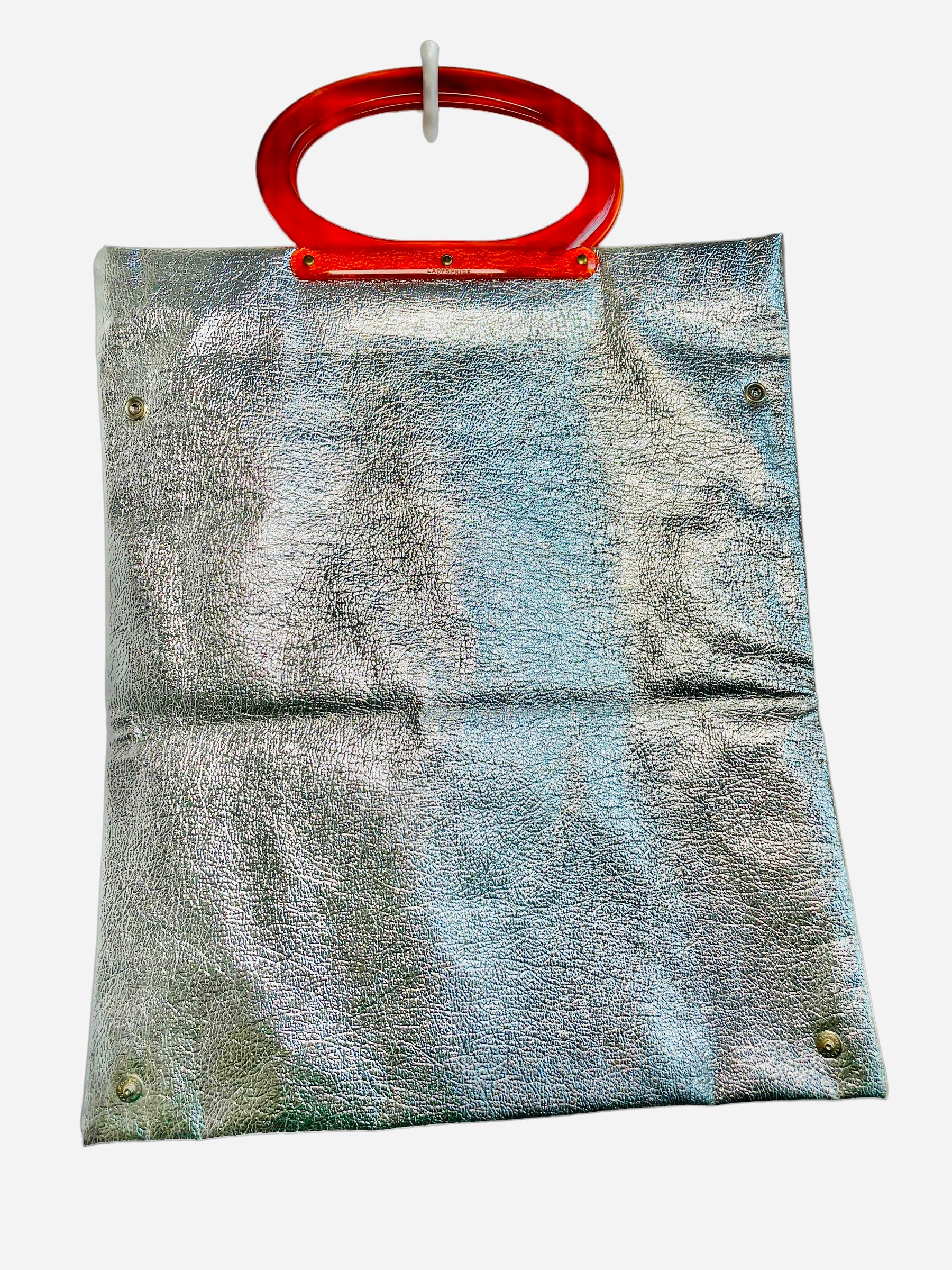 90s Metallic Silver Foil Clutch Tote Lucite Handle By Handcrafted - Image 6
