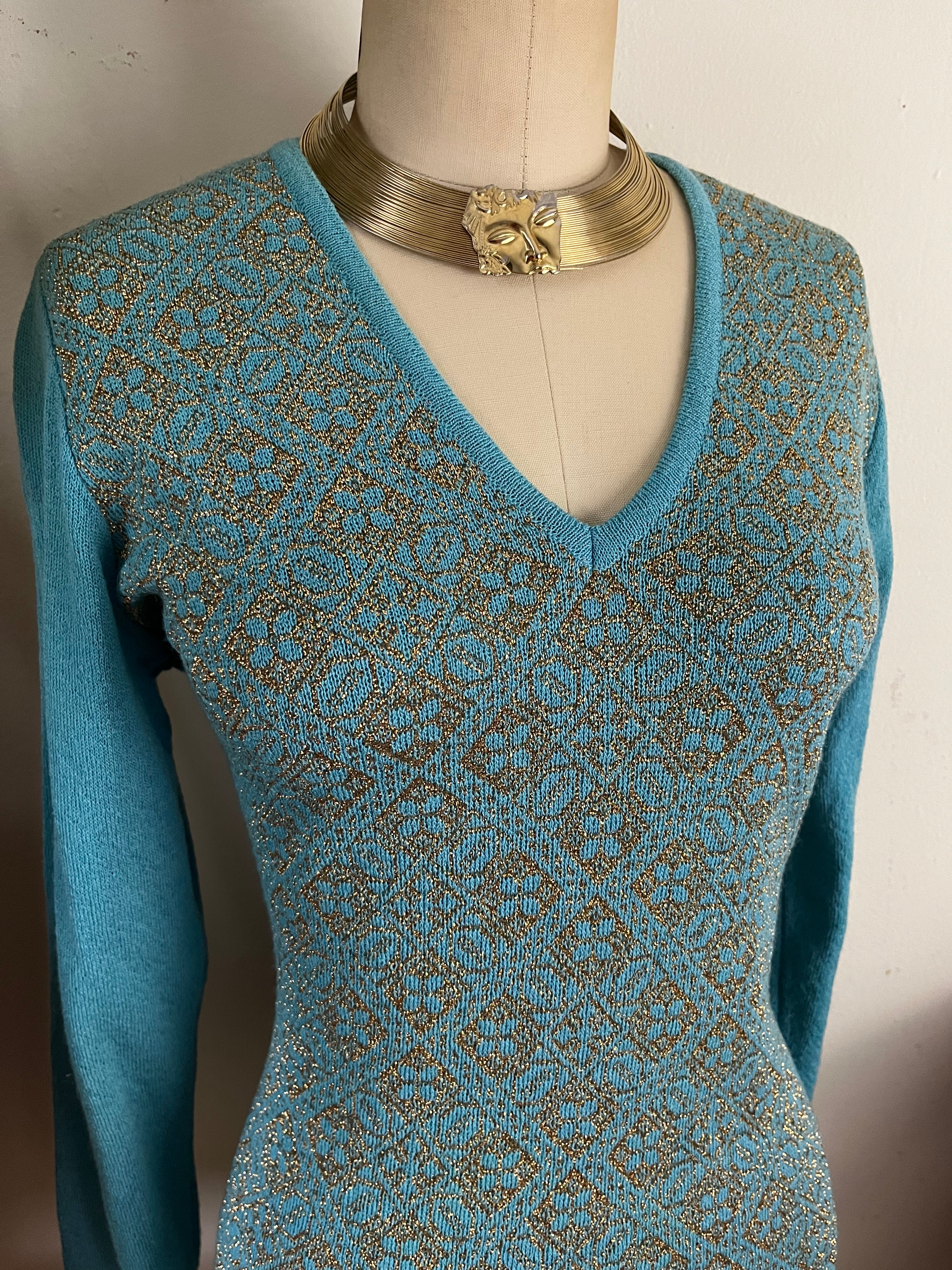 90s Metallic Stenciled Knit Long Sleeve Dress By Dries Van Noten - Image 3