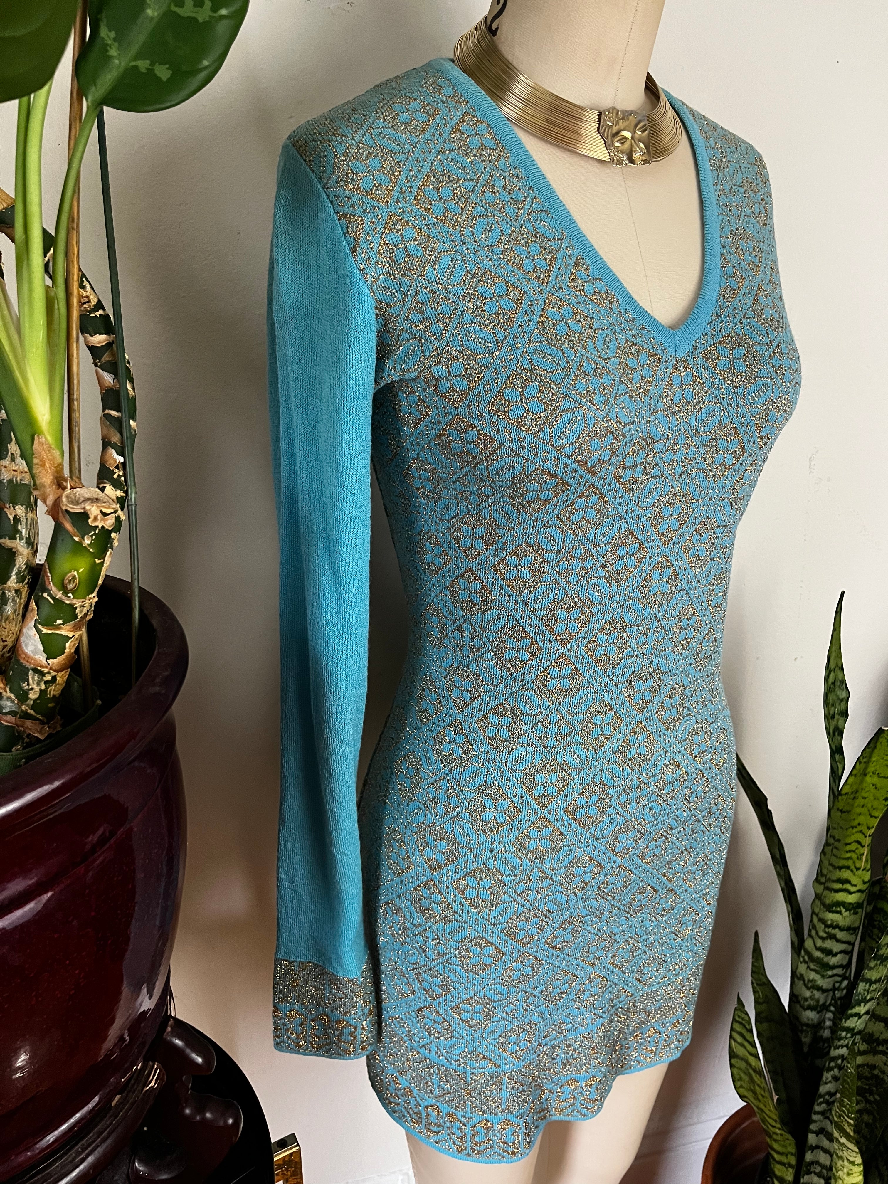 90s Metallic Stenciled Knit Long Sleeve Dress By Dries Van Noten - Image 4
