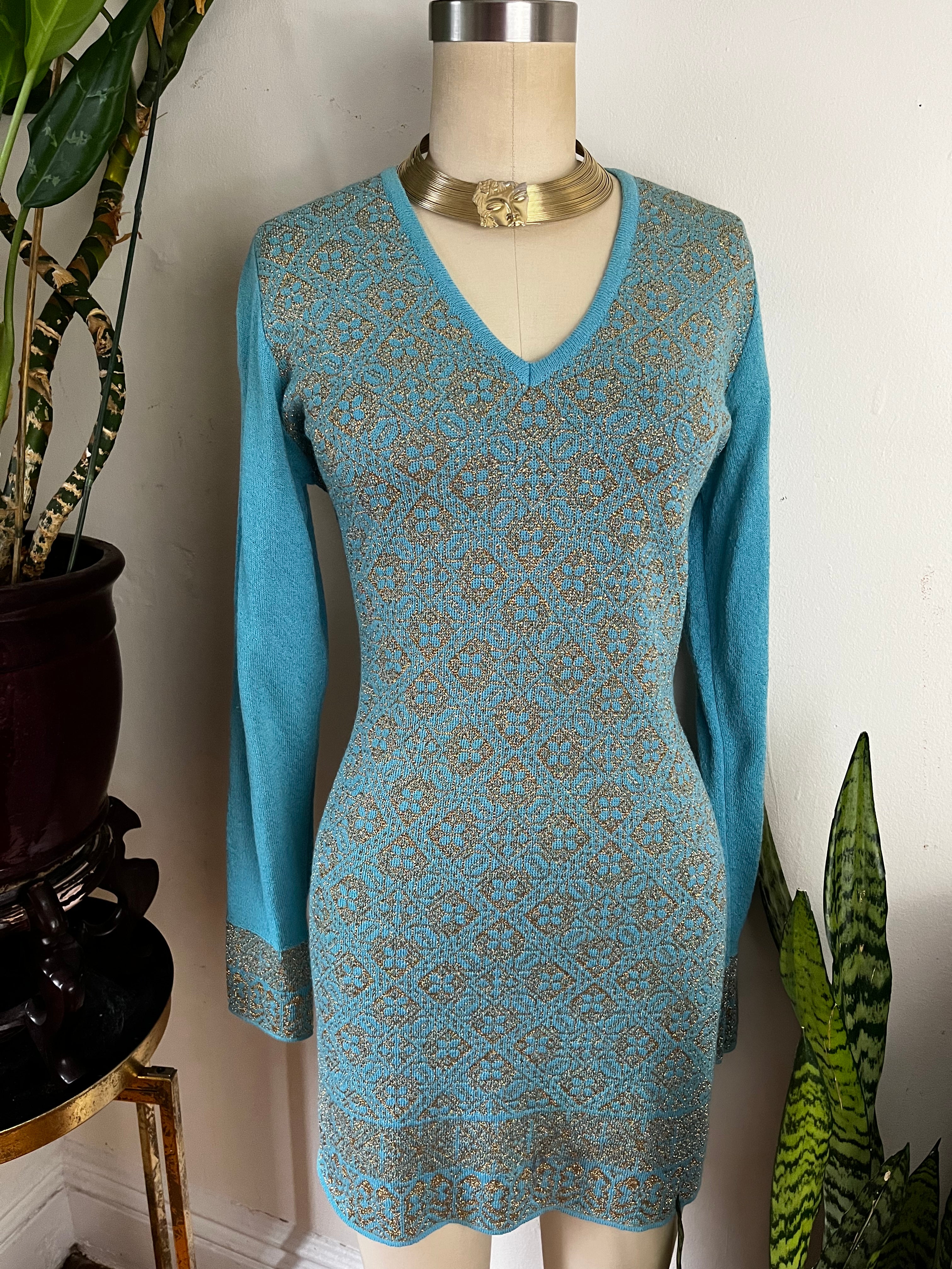 90s Metallic Stenciled Knit Long Sleeve Dress By Dries Van Noten - Image 5