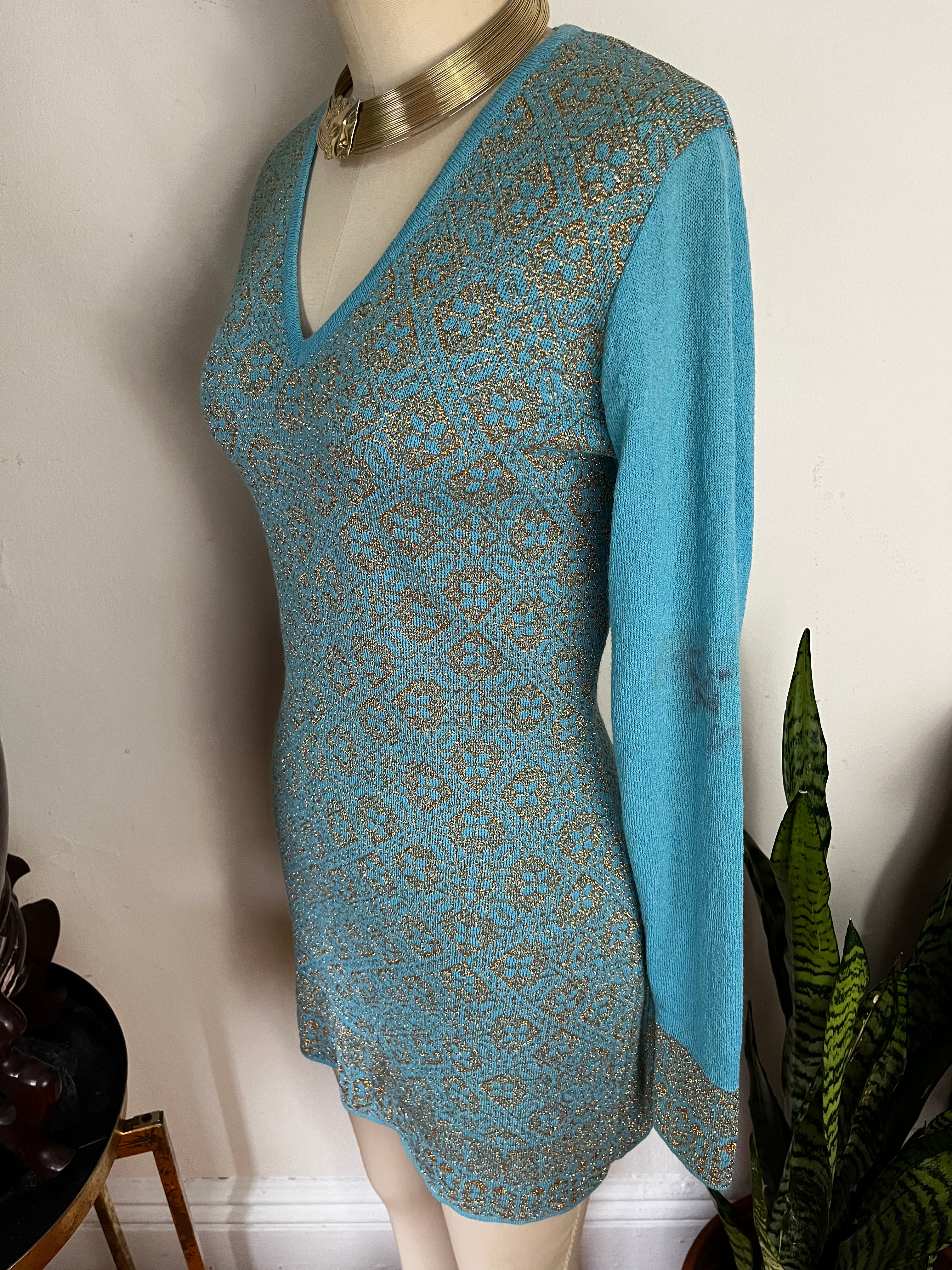 90s Metallic Stenciled Knit Long Sleeve Dress By Dries Van Noten - Image 7