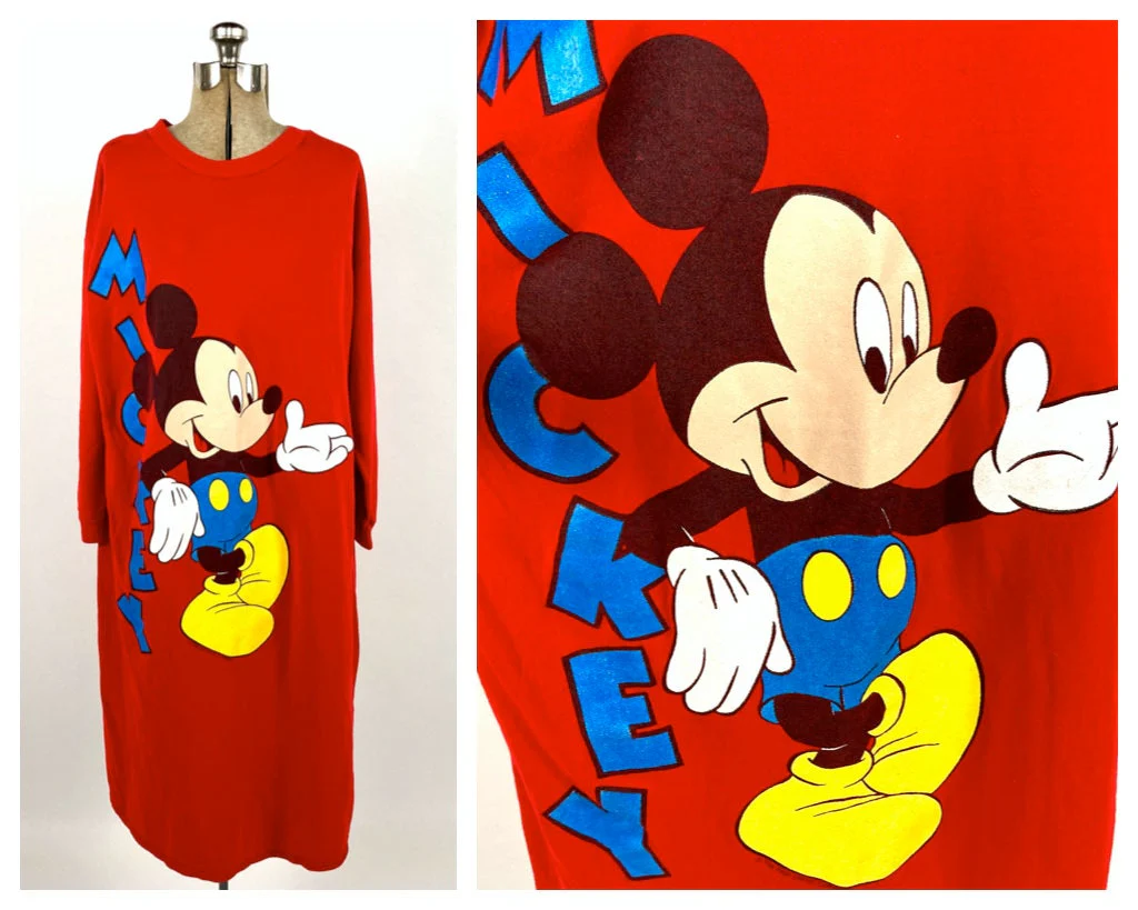 90s Mickey Mouse Sweatshirt Dress Night Shirt Sleep Nightgown Red Midi Retro Vintage Oversized Cozy Walt Disney Novelty Print by The Walt Disney Company - Image 3