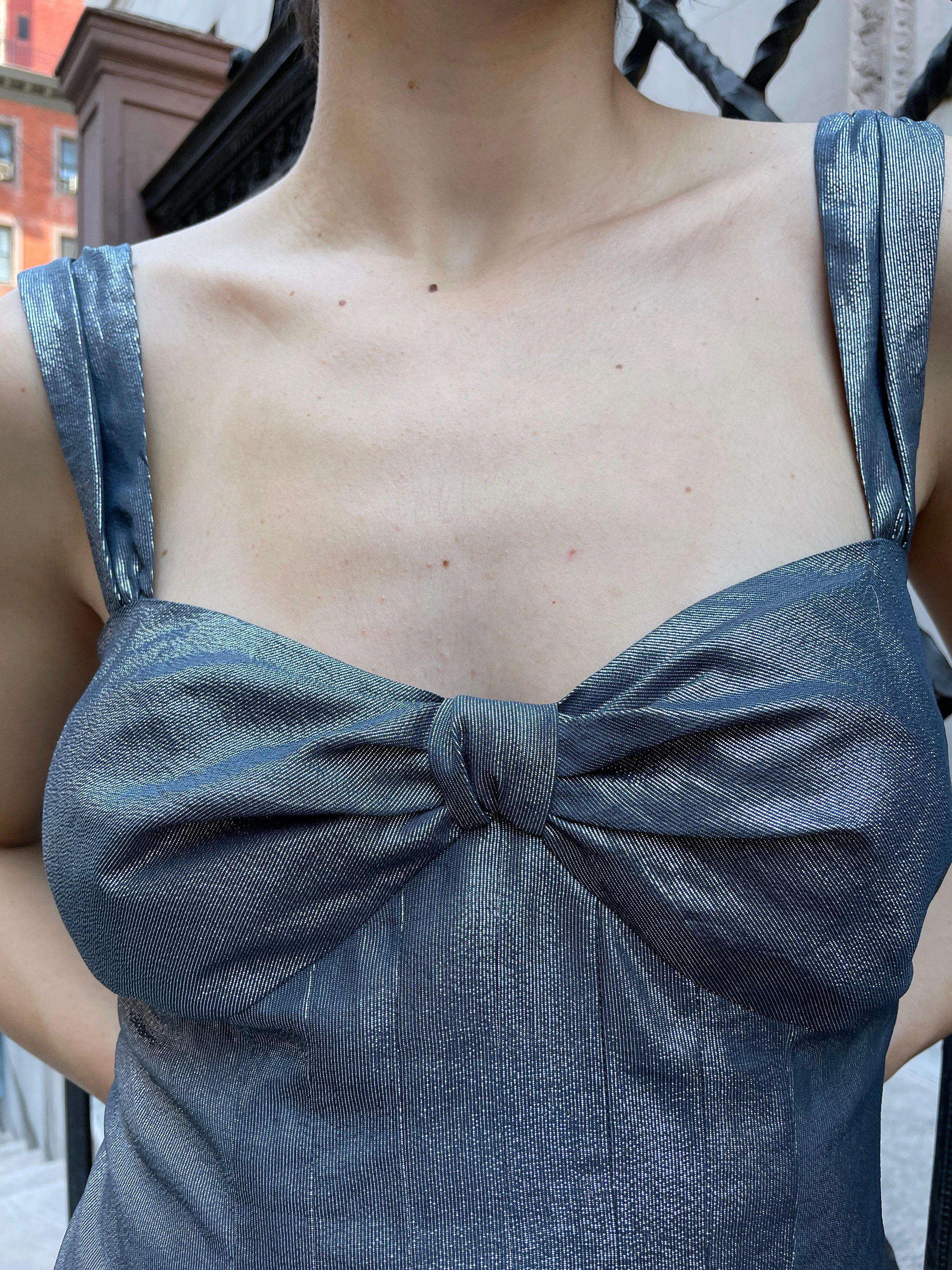 90s Moschino Silver Top Wide Straps with Gathering Gathering On The Bust Seams with Pleats On The Front - Image 5