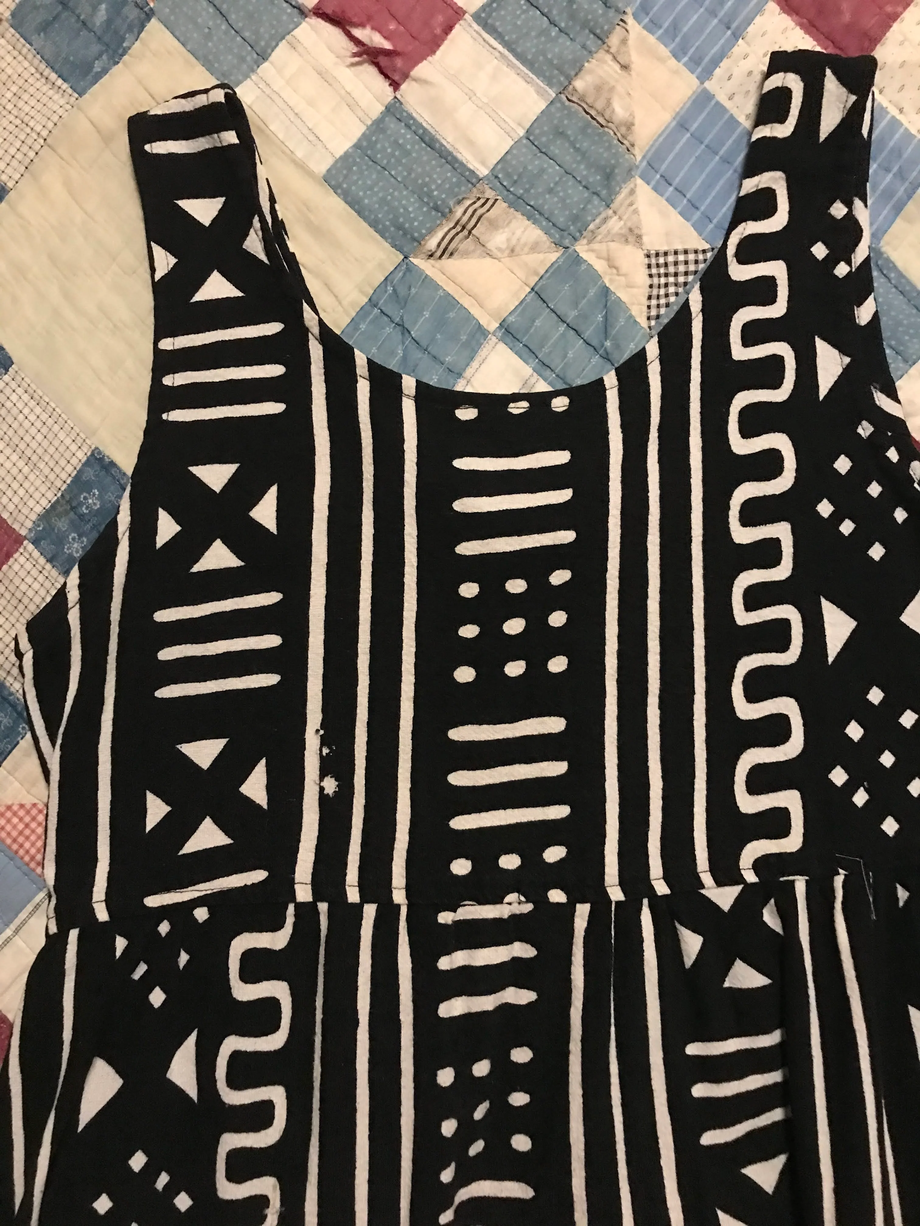90s Mudcloth Black White Cotton Pinafore Maxi Dress - Image 11