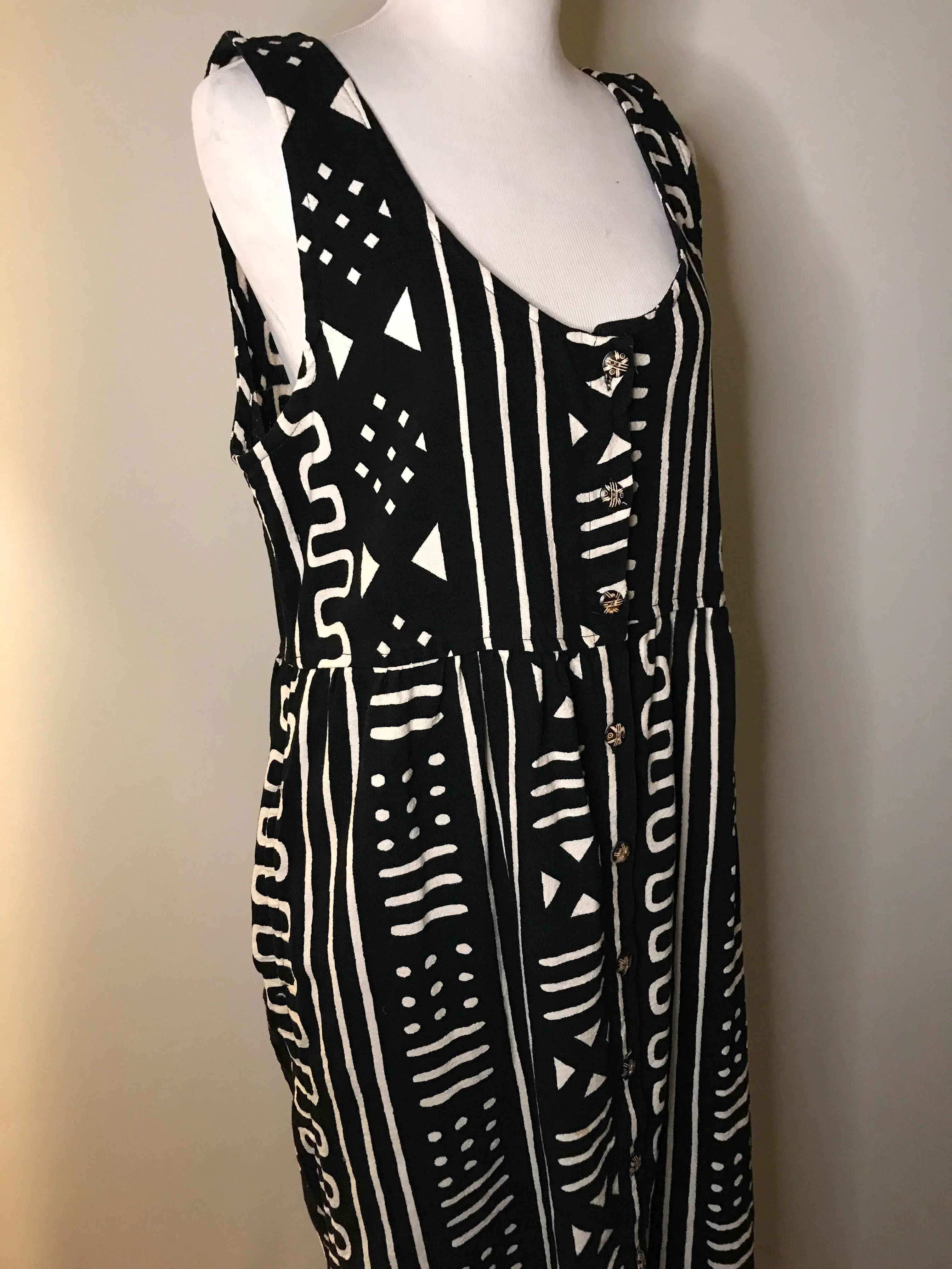 90s Mudcloth Black White Cotton Pinafore Maxi Dress - Image 12