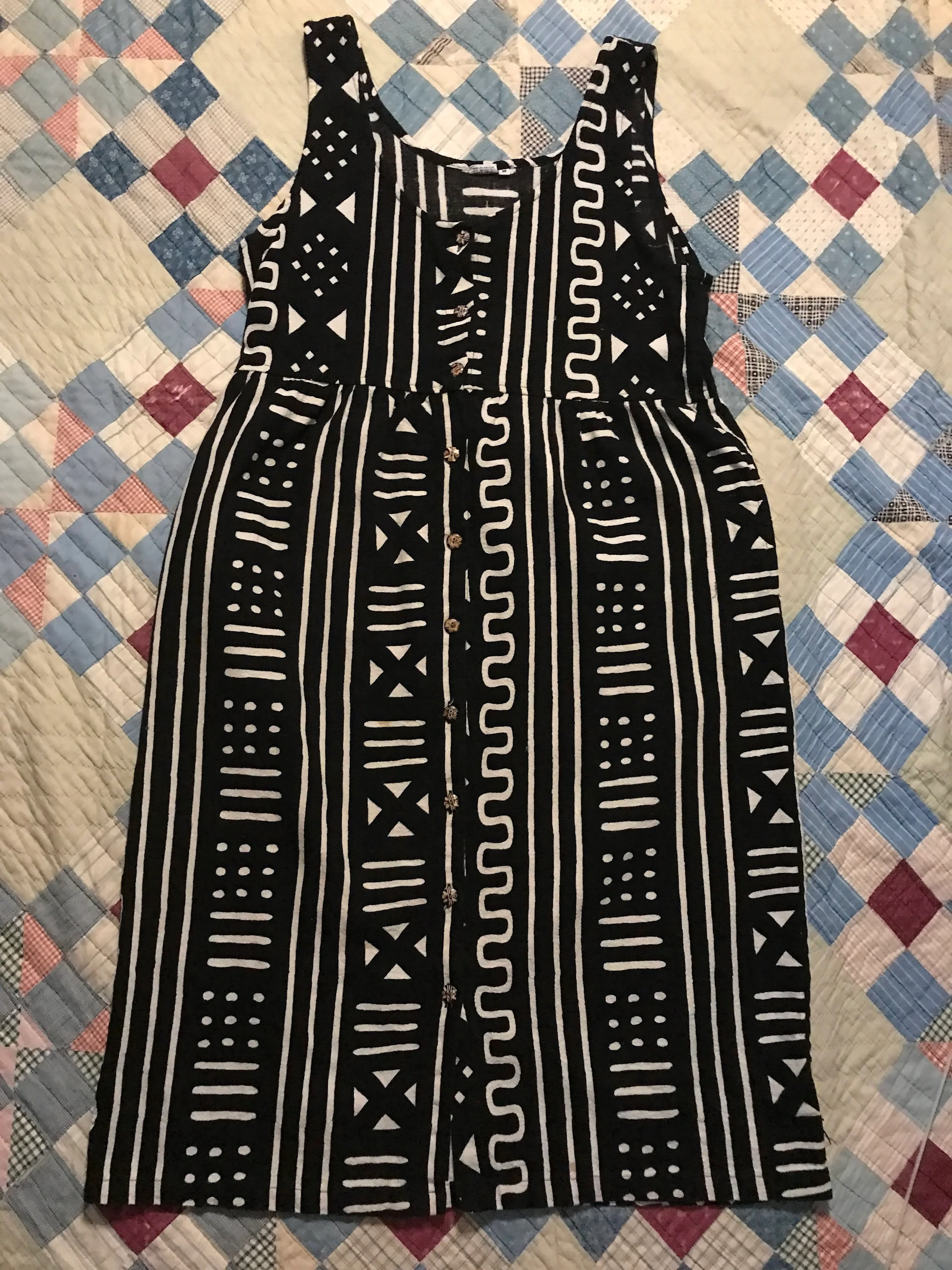 90s Mudcloth Black White Cotton Pinafore Maxi Dress - Image 3