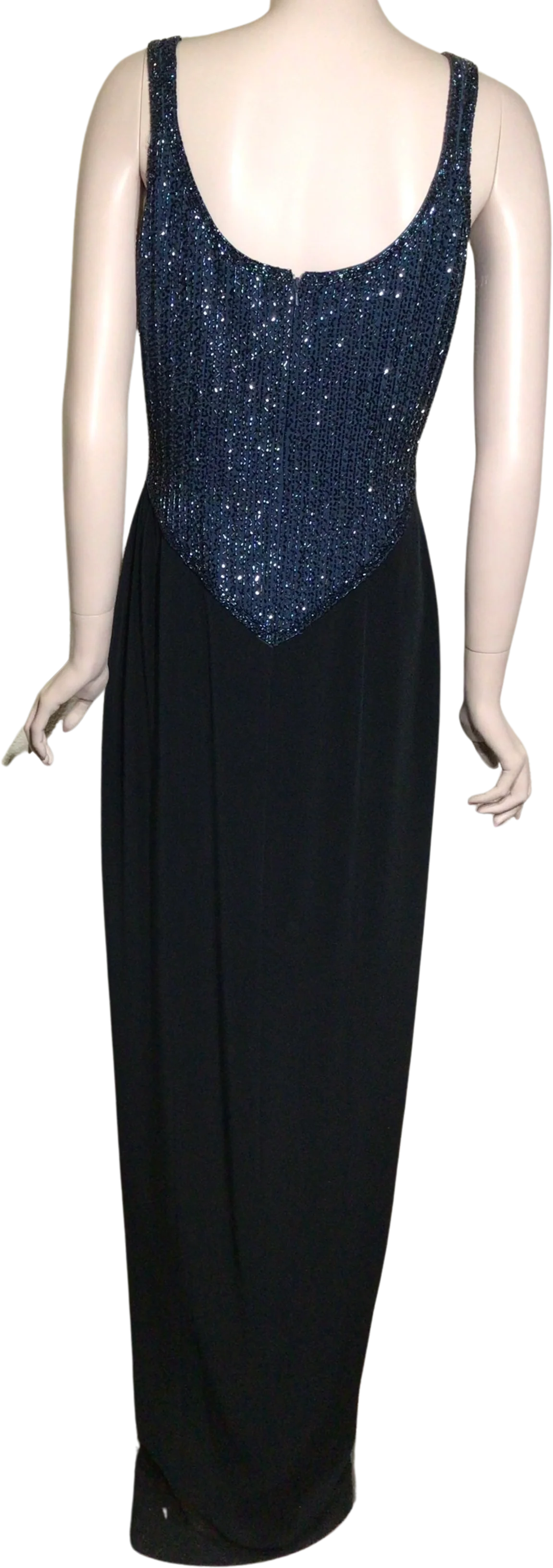 90s Navy Blue Beaded Cocktail Evening Maxi Dress By BlackTie Oleg Cassini - Image 2