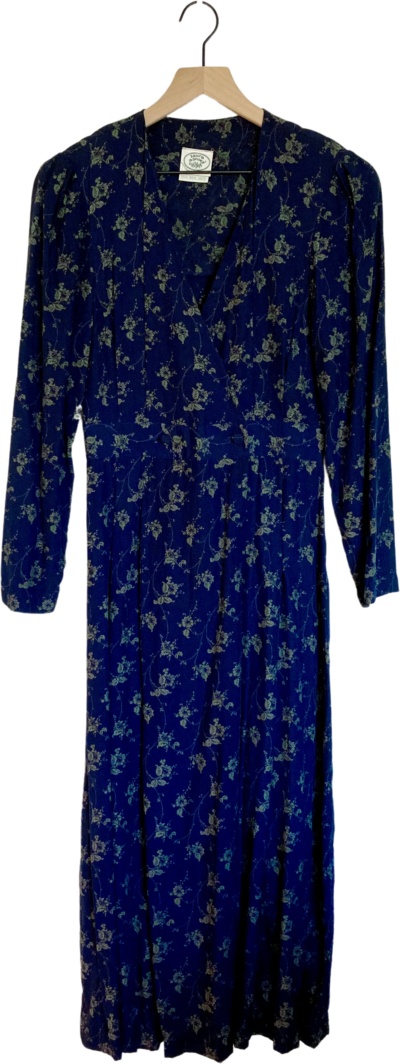 90s Navy Blue Long Sleeve Floral Wrap Style Dress By Laura Ashley