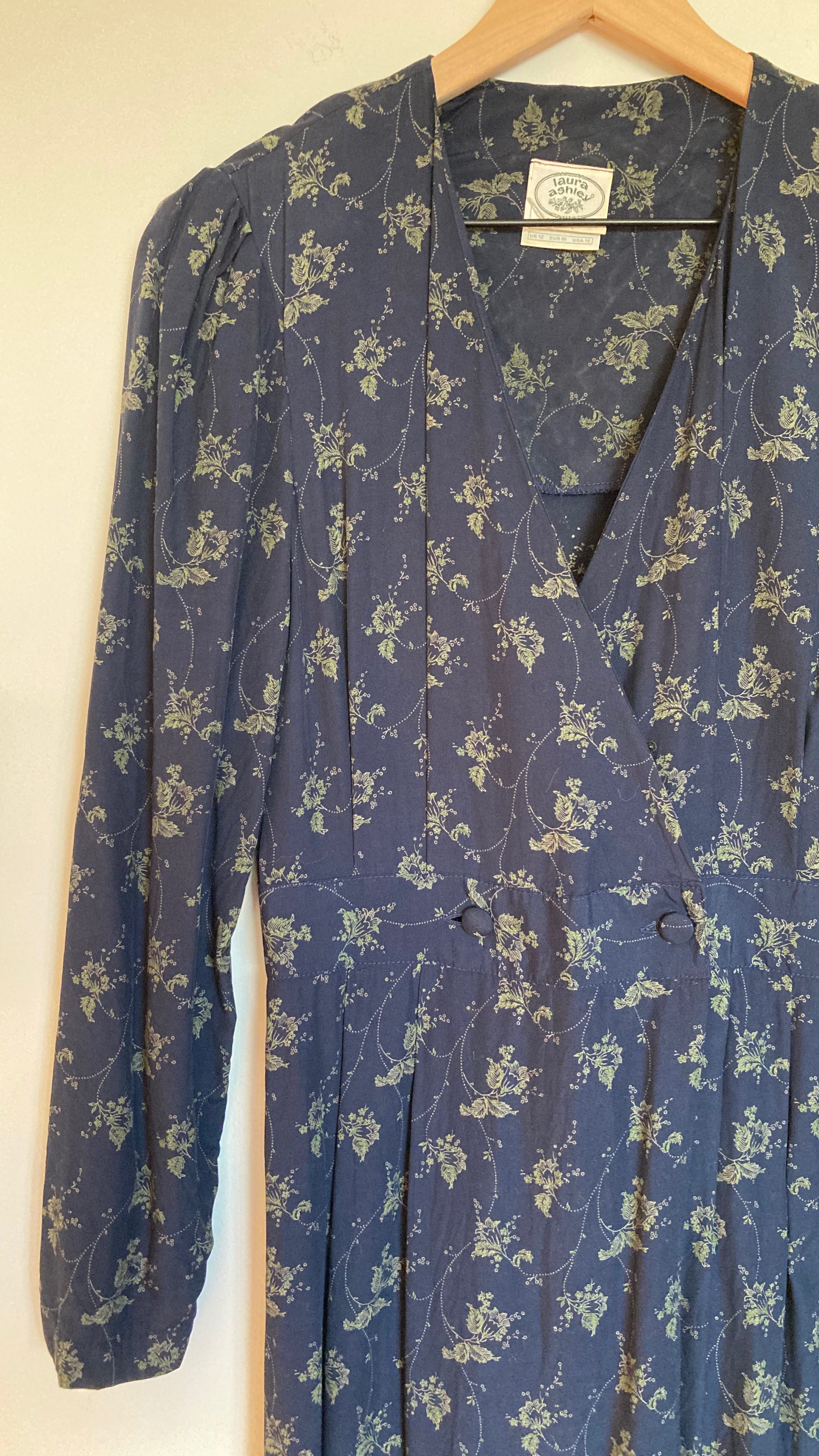 90s Navy Blue Long Sleeve Floral Wrap Style Dress By Laura Ashley - Image 4