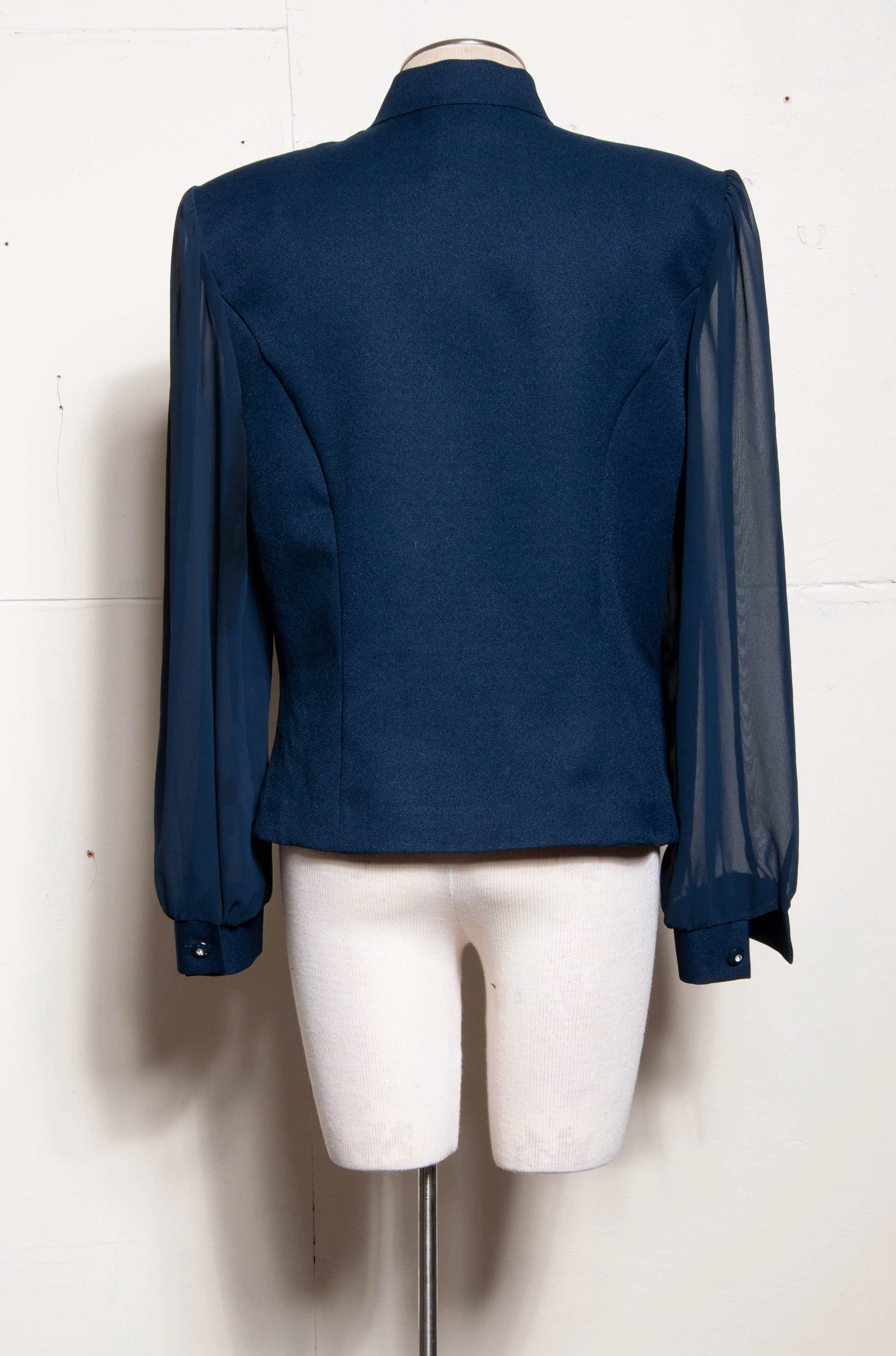 90s Navy Keyhole Embroidered Top W Sheer Sleeves by Lolette - Image 2