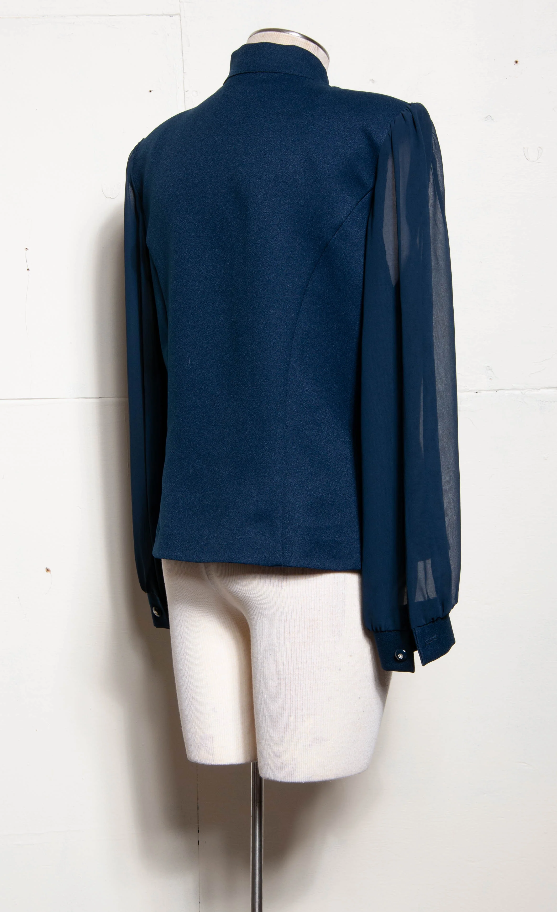90s Navy Keyhole Embroidered Top W Sheer Sleeves by Lolette - Image 5