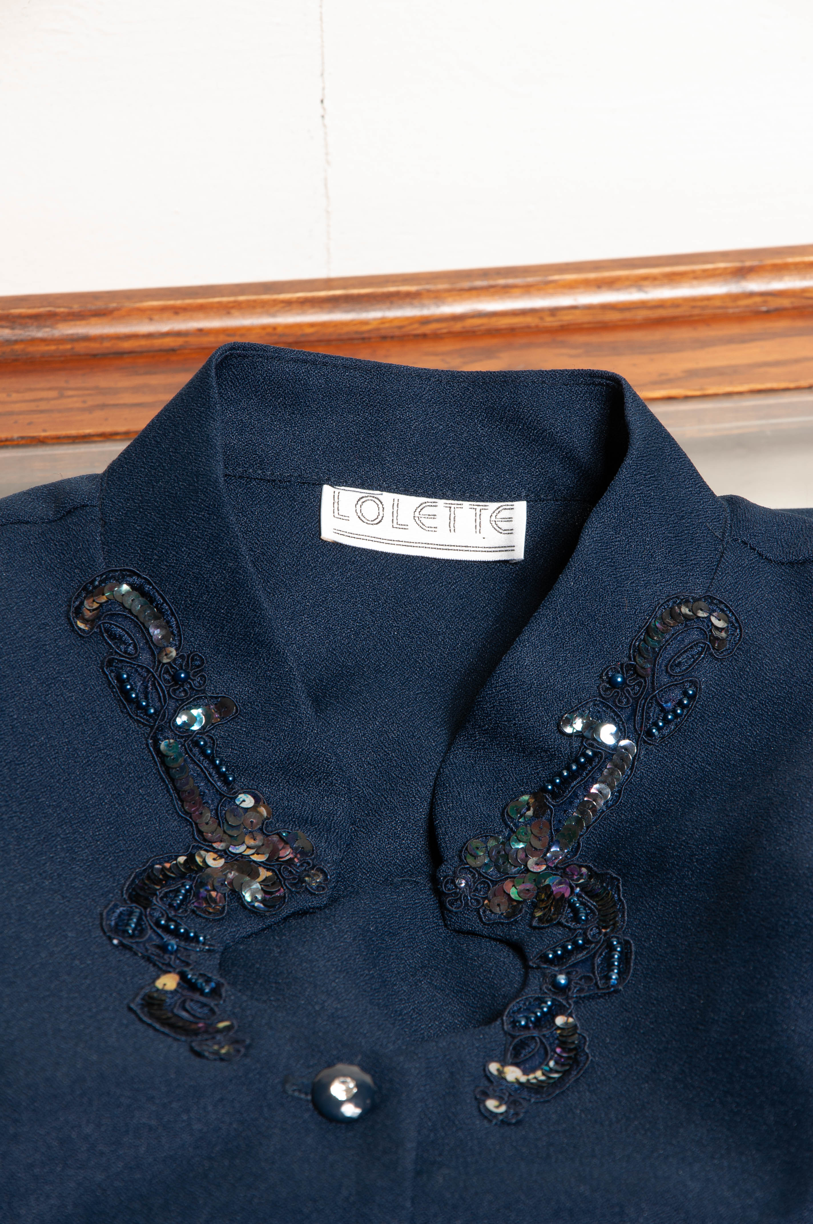 90s Navy Keyhole Embroidered Top W Sheer Sleeves by Lolette - Image 6