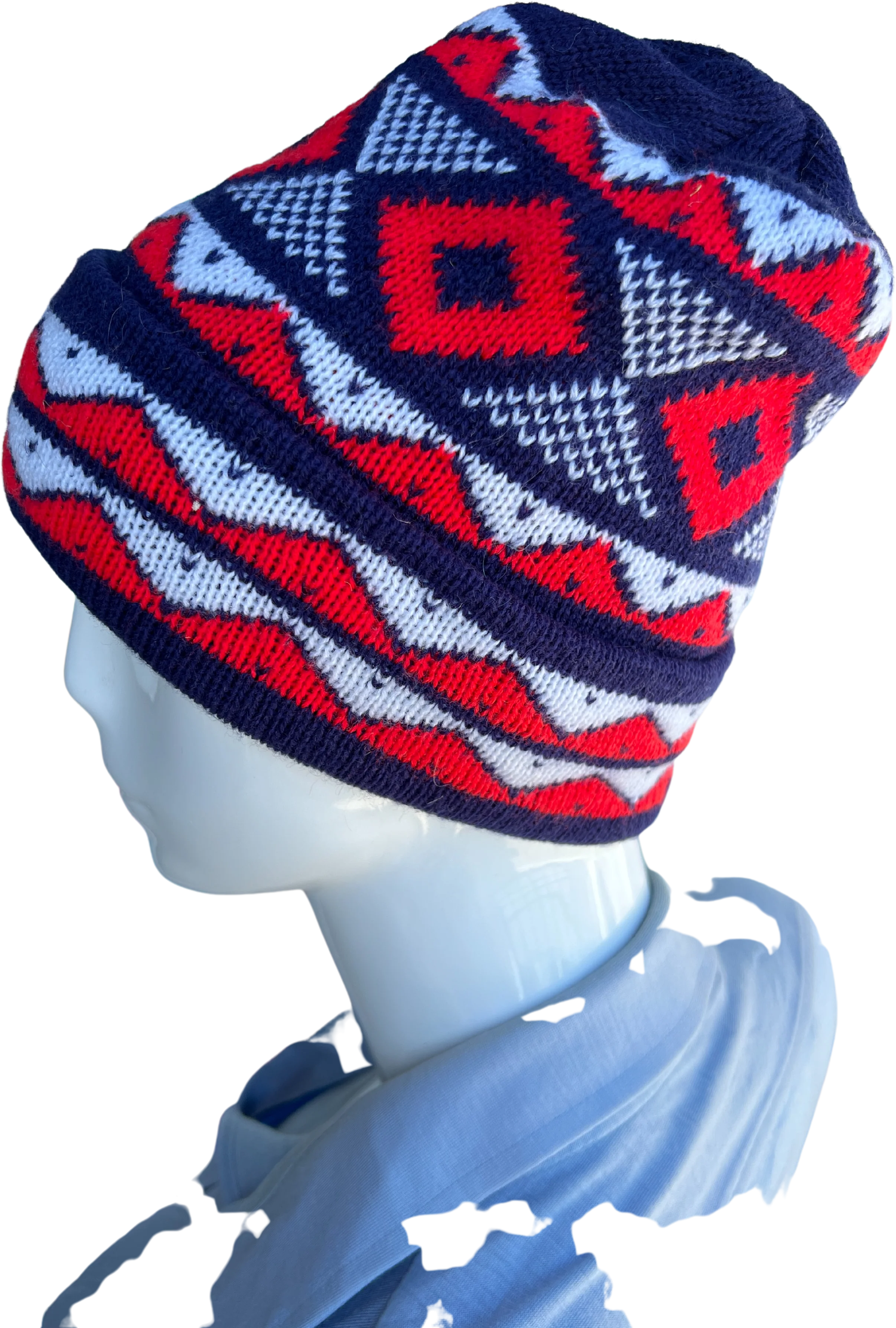 90s Neon Red and White Knit Beanie - Image 2