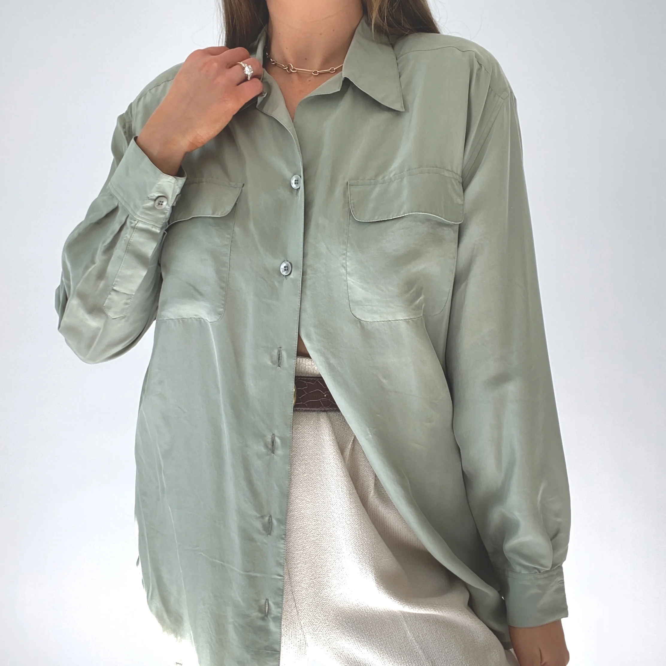 90s Nwt Oversized Silk Button Down Blouse In Sage - Image 7