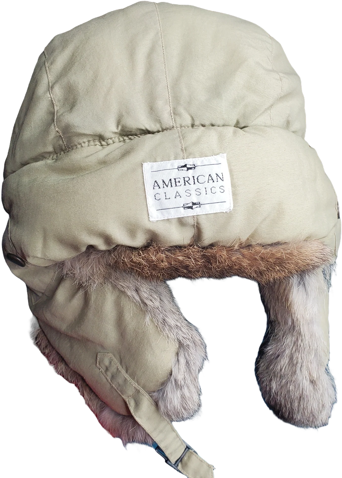 90s Olive Green Nylon Quilted Rabbit Fur Bomber Hat By American Classics - Image 2