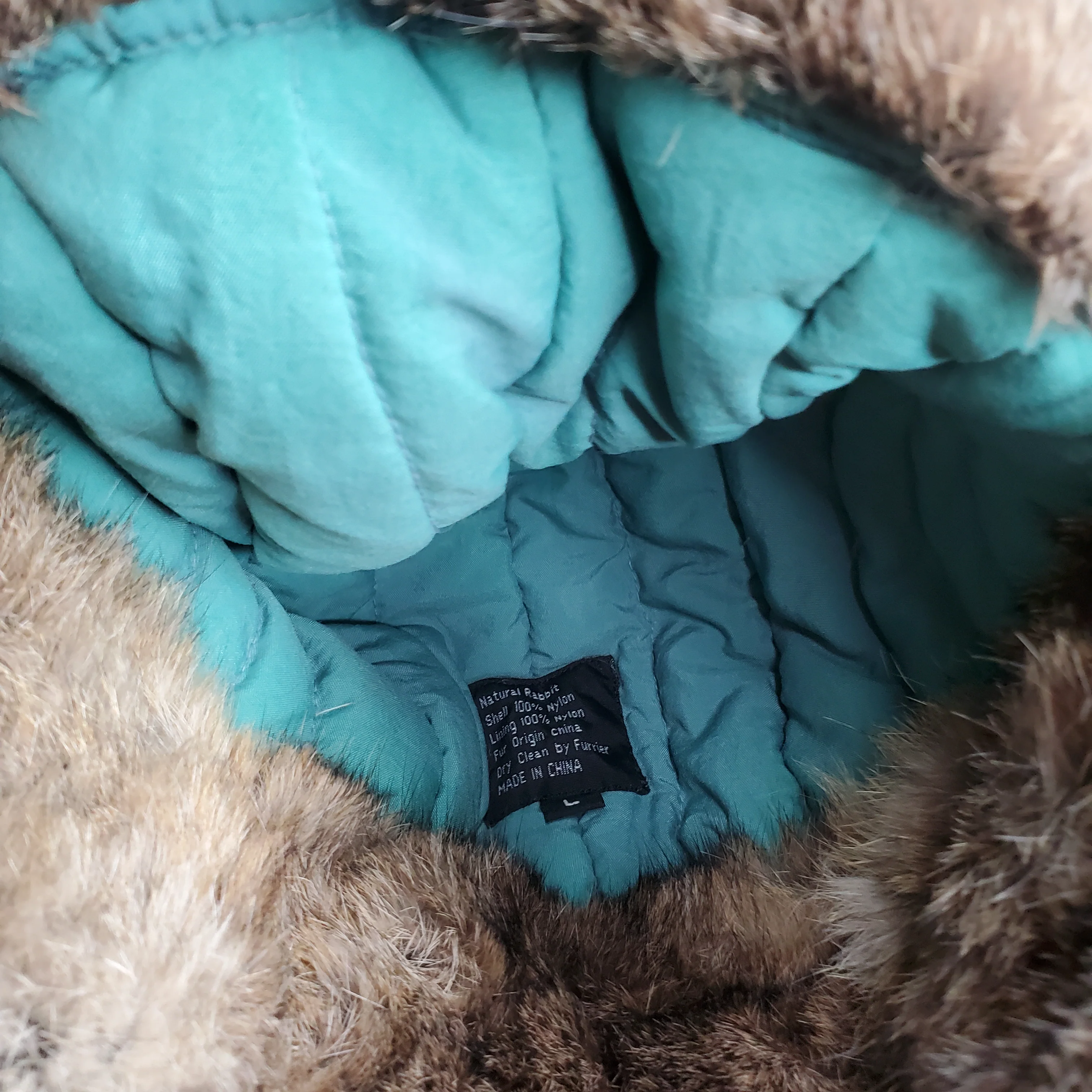 90s Olive Green Nylon Quilted Rabbit Fur Bomber Hat By American Classics - Image 4