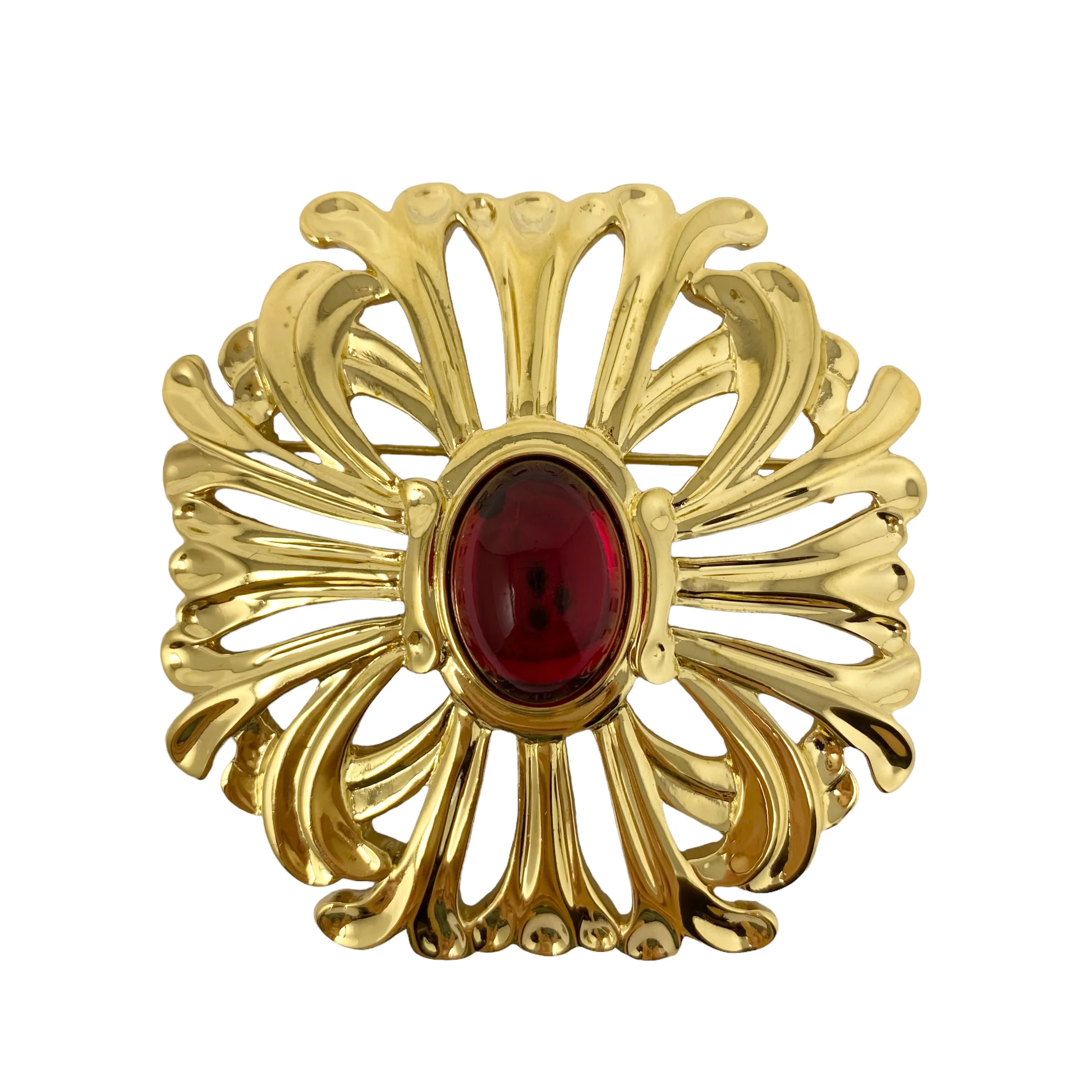 90s Ornate Gold And Red Cabochon Pin By Crystalline - Image 3