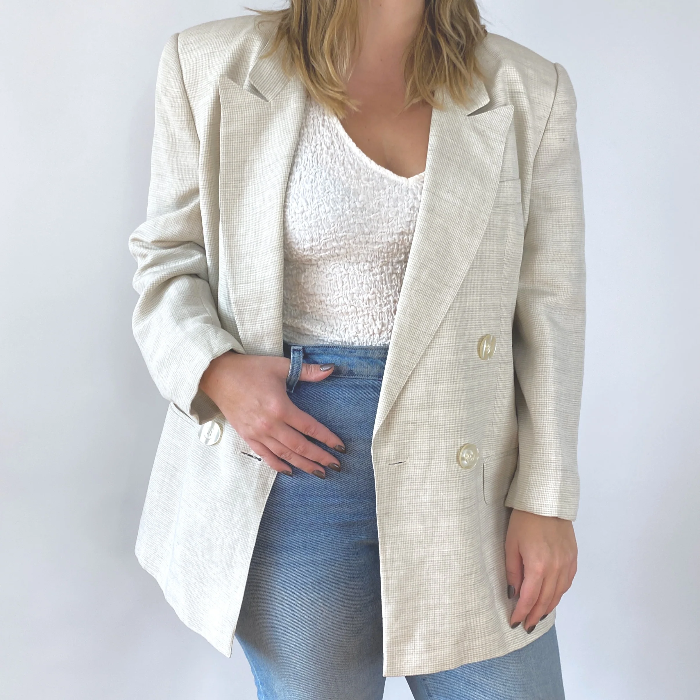 90s Oversized Bone Plaid Boyfriend Blazer - Image 3