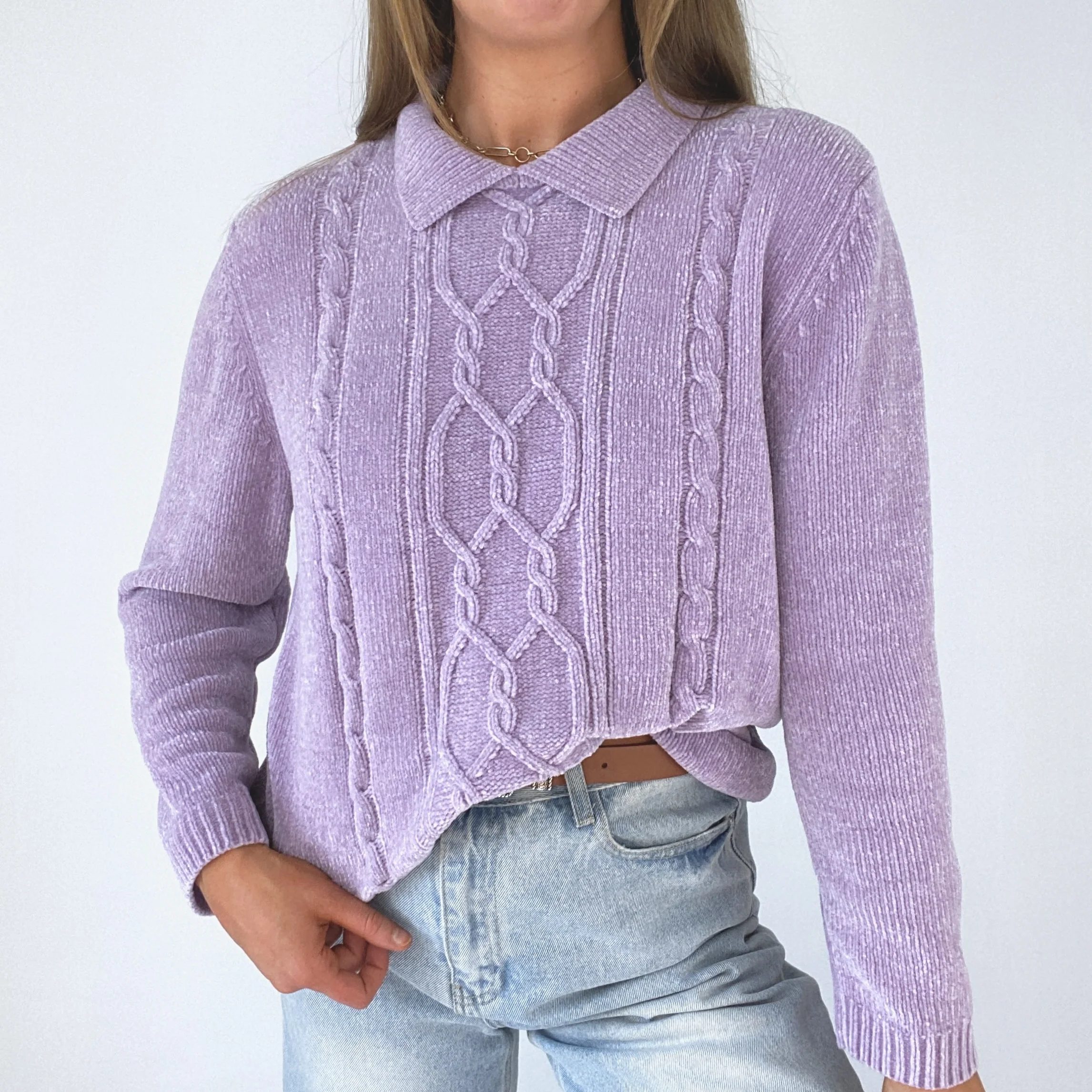 90s Oversized Lavender Chenille Polo Sweater - Image 3