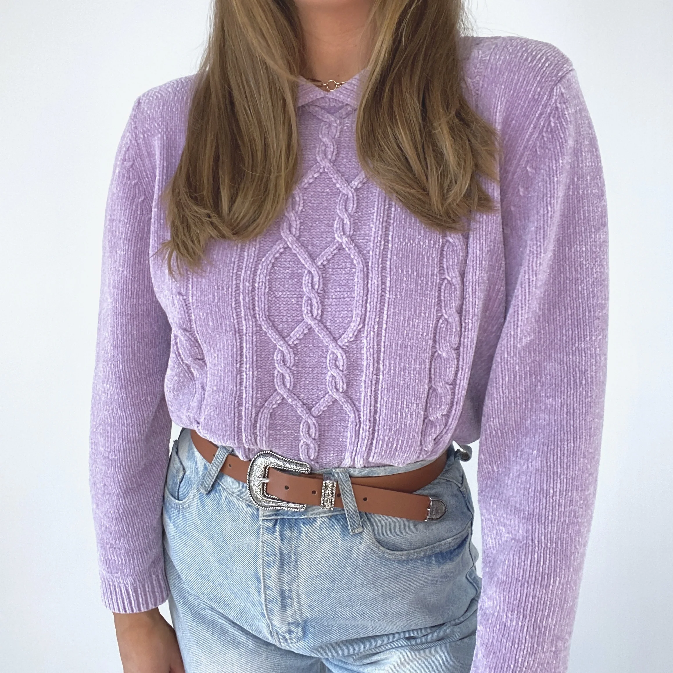 90s Oversized Lavender Chenille Polo Sweater - Image 4
