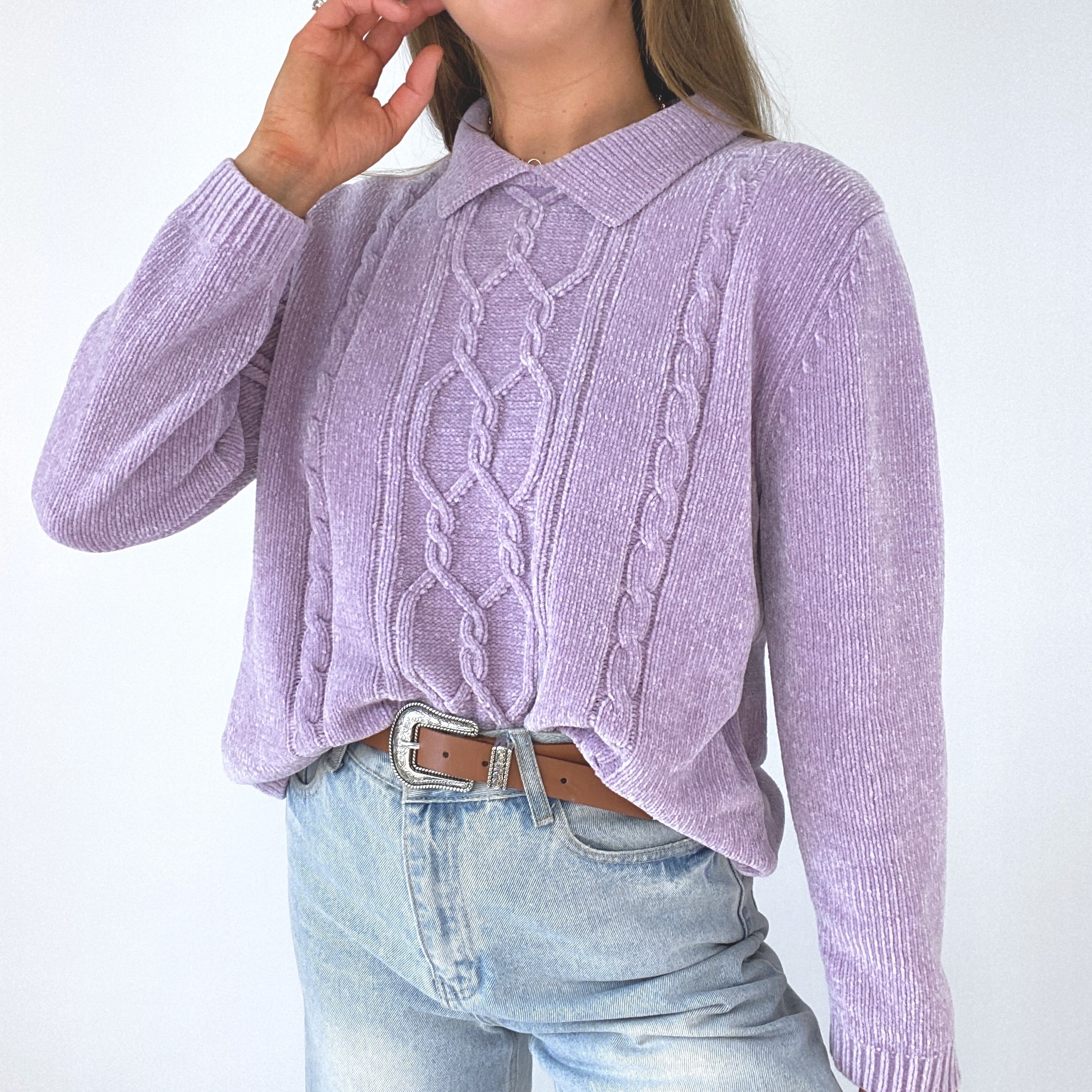 90s Oversized Lavender Chenille Polo Sweater - Image 5