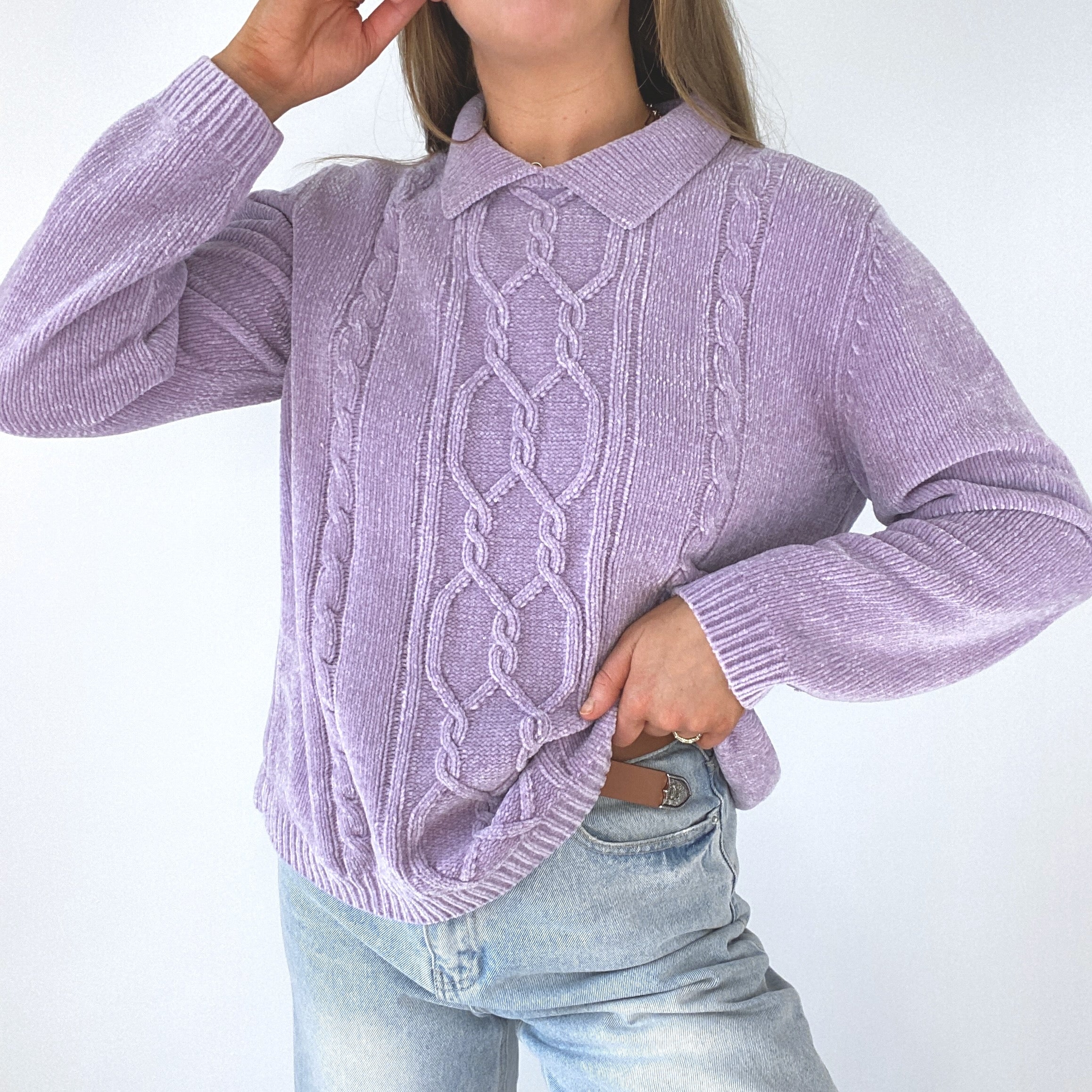 90s Oversized Lavender Chenille Polo Sweater - Image 6