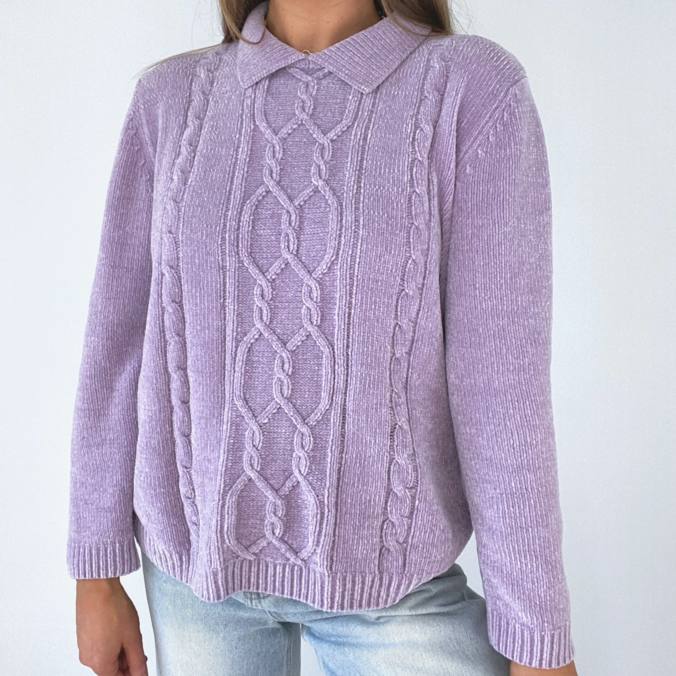 90s Oversized Lavender Chenille Polo Sweater - Image 7
