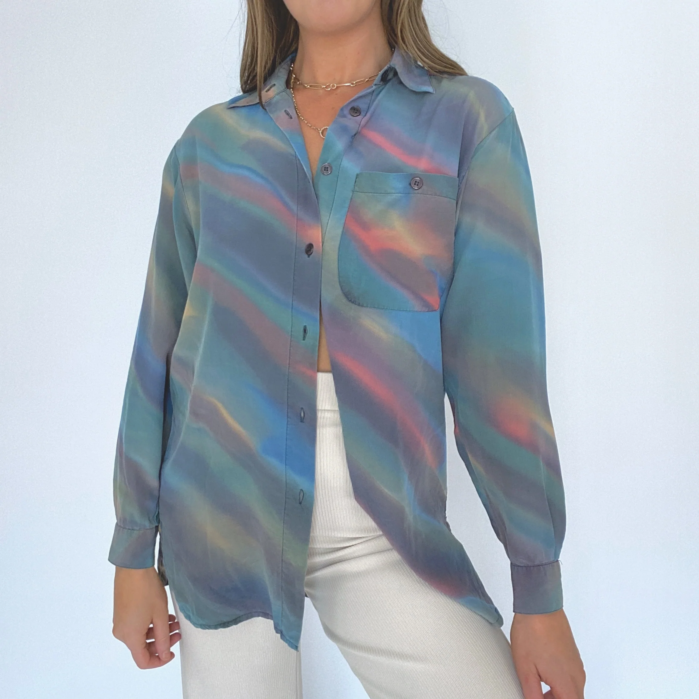 90s Oversized Silk Muted Tie Dye Watercolor Blouse - Image 4