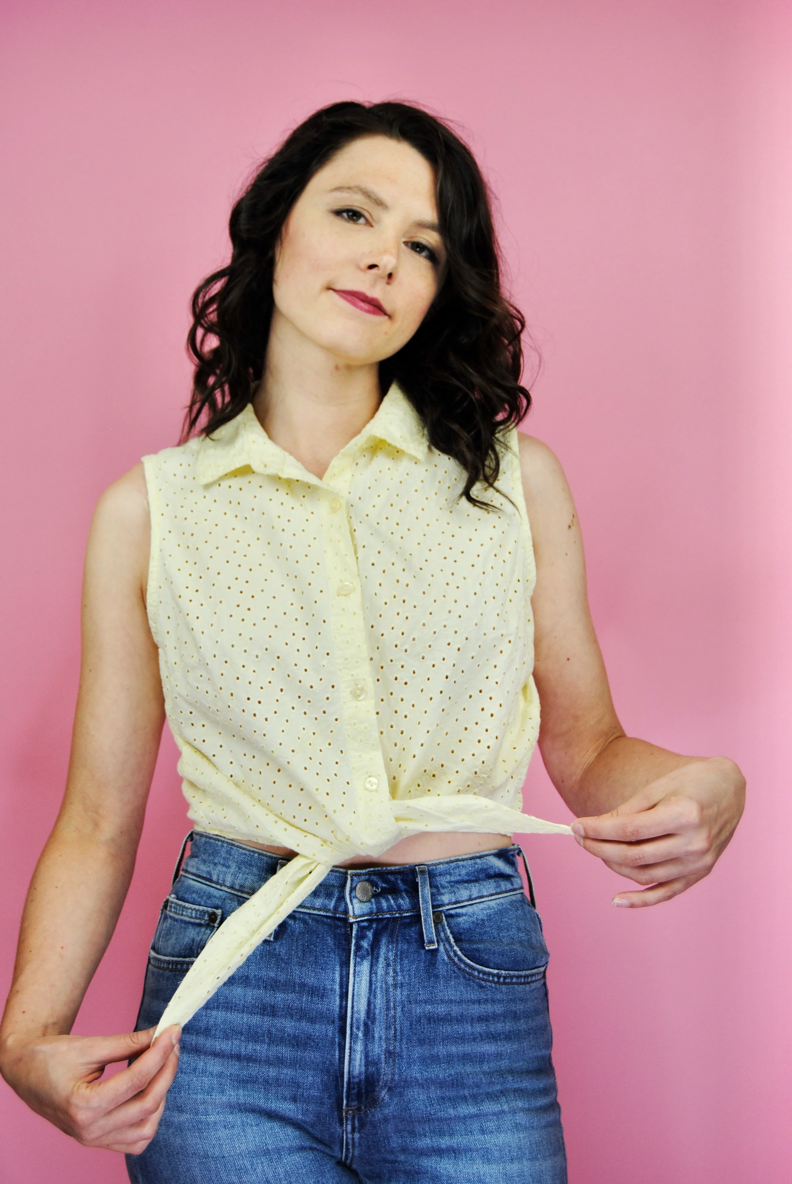 90s Pale Yellow Eyelet Crop Top By Speed Limit - Image 4