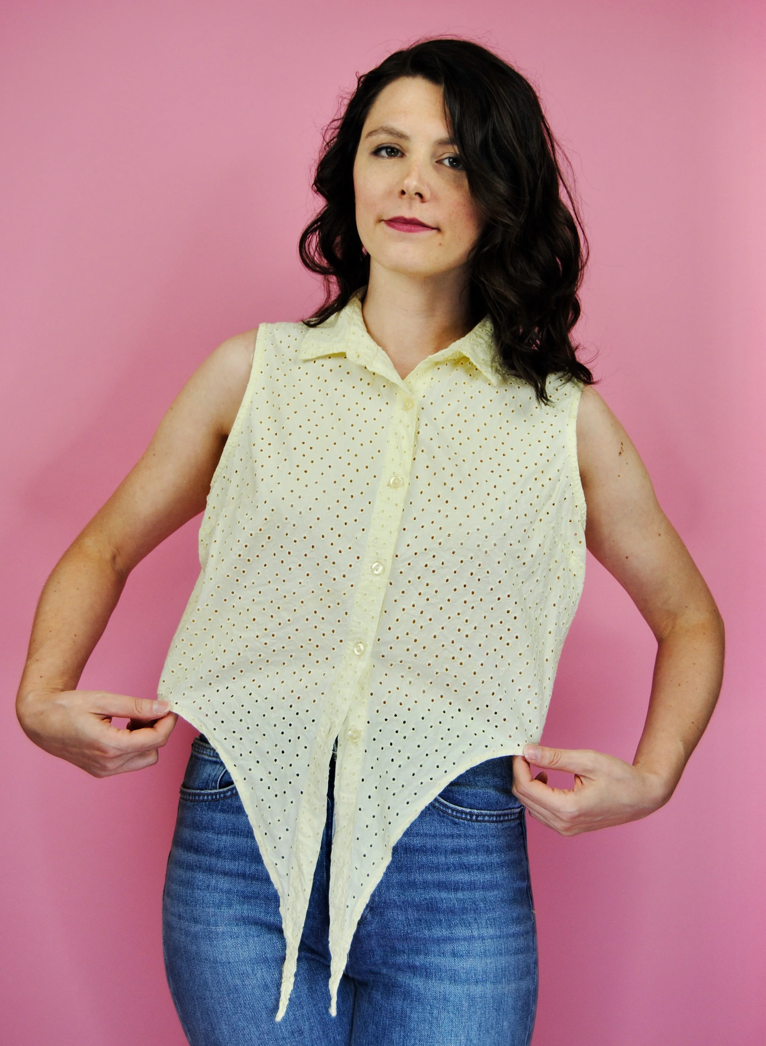 90s Pale Yellow Eyelet Crop Top By Speed Limit - Image 7