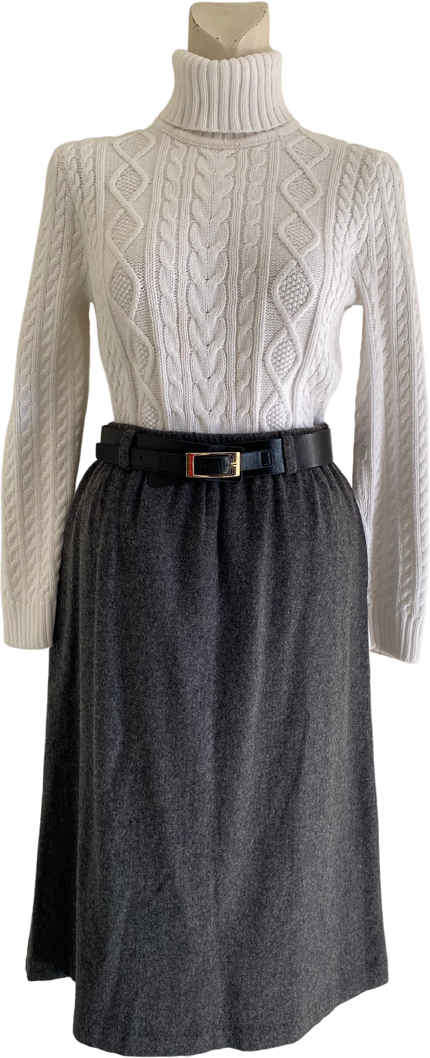 90s Petite Gray 100% Wool Midi A-line Skirt By Orvis