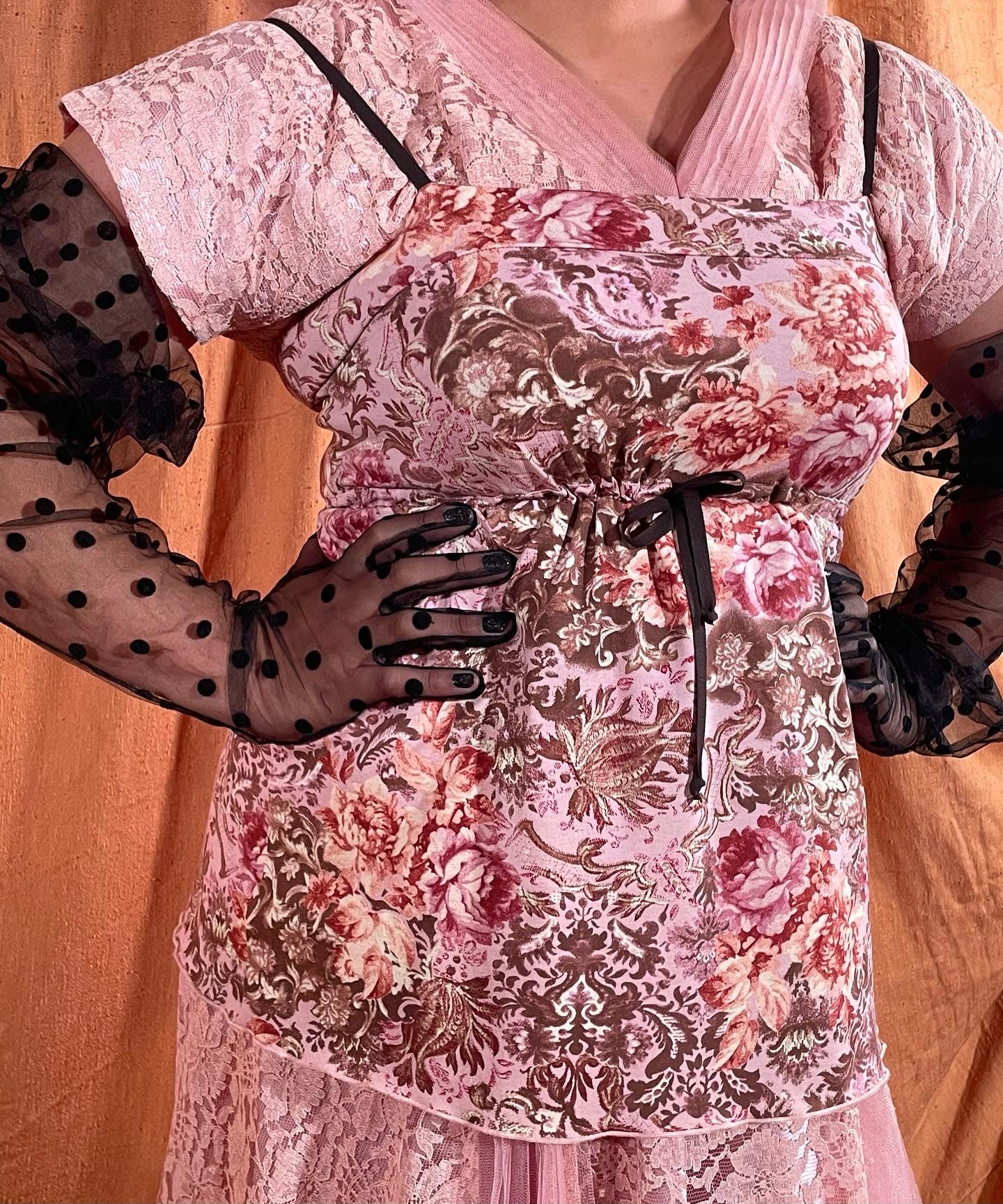 90s Pink Baroque Rose Print Ribbon Tie Babydoll Top By Cinnamon Girl - Image 5