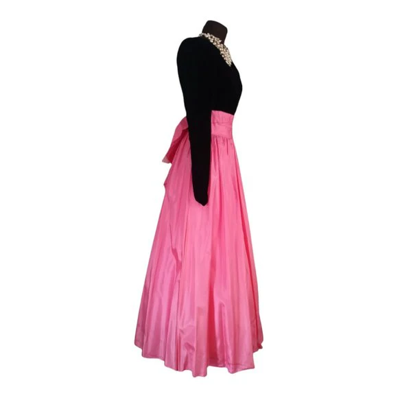 90s Pink Black Velvet Evening Gown Prom Dress Xs - Image 3