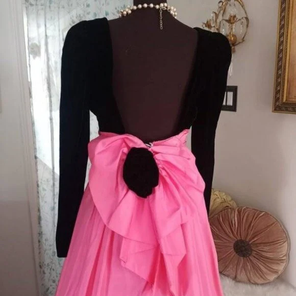 90s Pink Black Velvet Evening Gown Prom Dress Xs - Image 5