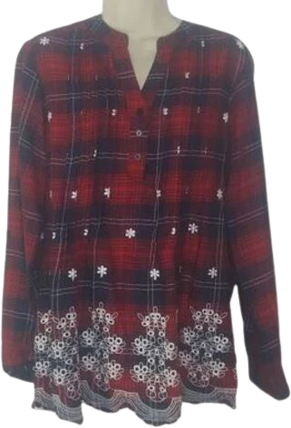 90s Plaid Floral Embroidered Pleated Top By American Sweetheart