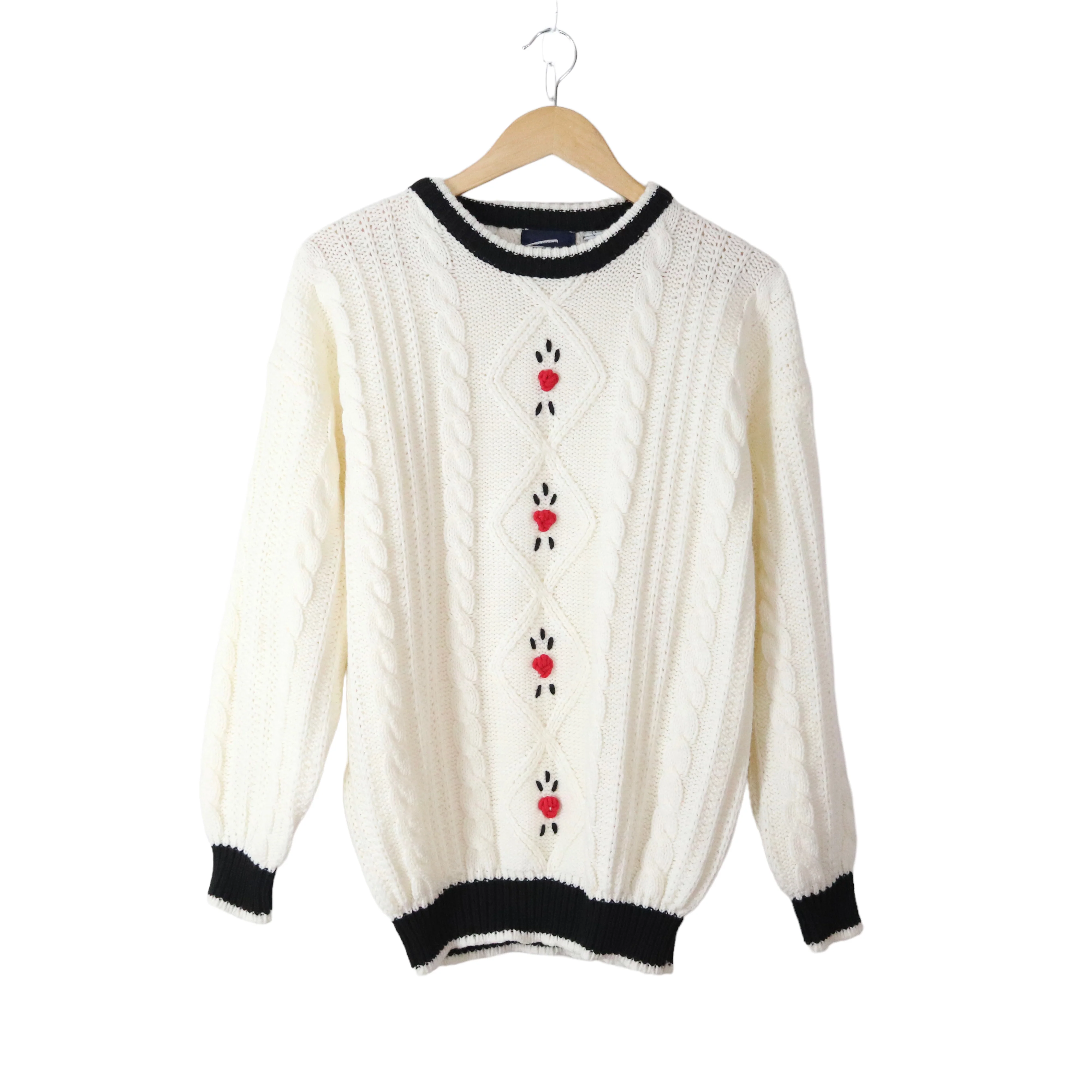 90s Preppy Ivory Cable Knit Floral Accent Sweater By Smith Junction - Image 4