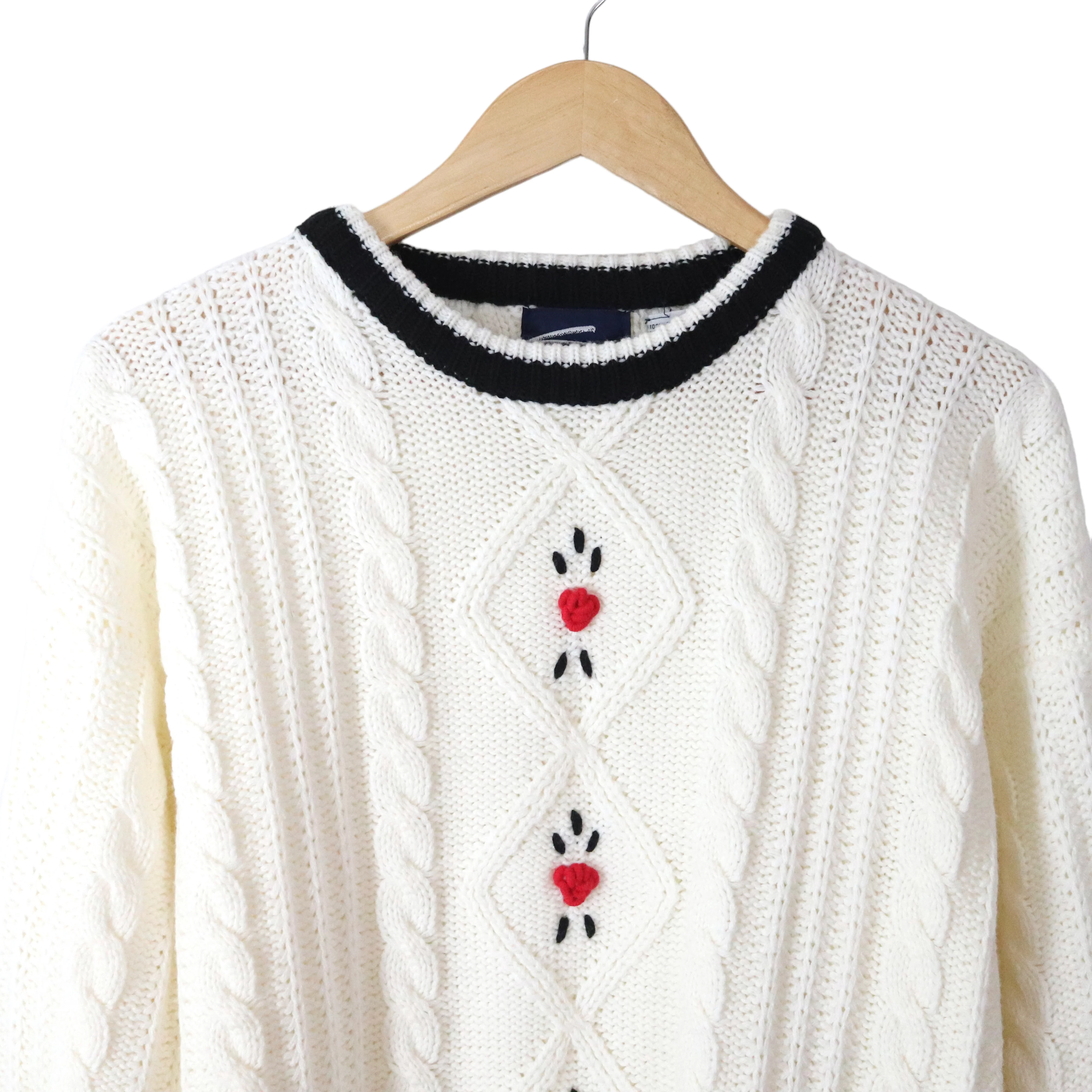 90s Preppy Ivory Cable Knit Floral Accent Sweater By Smith Junction - Image 5