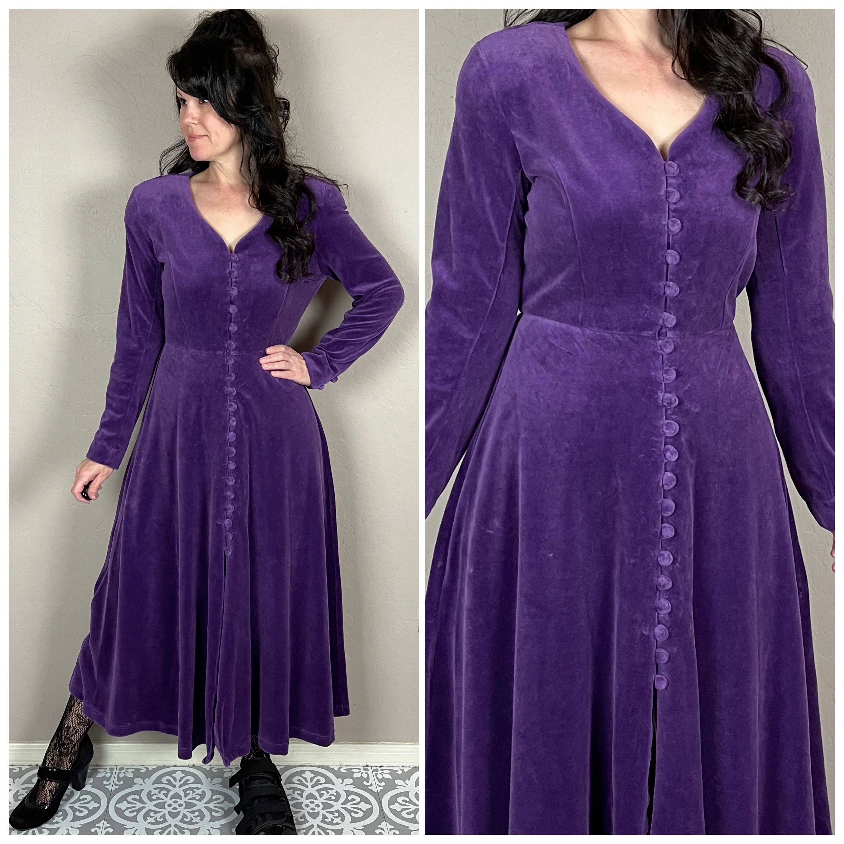90s Purple Velour Button Front Long Sleeve Midi Dress By Ellen Ashley - Image 2