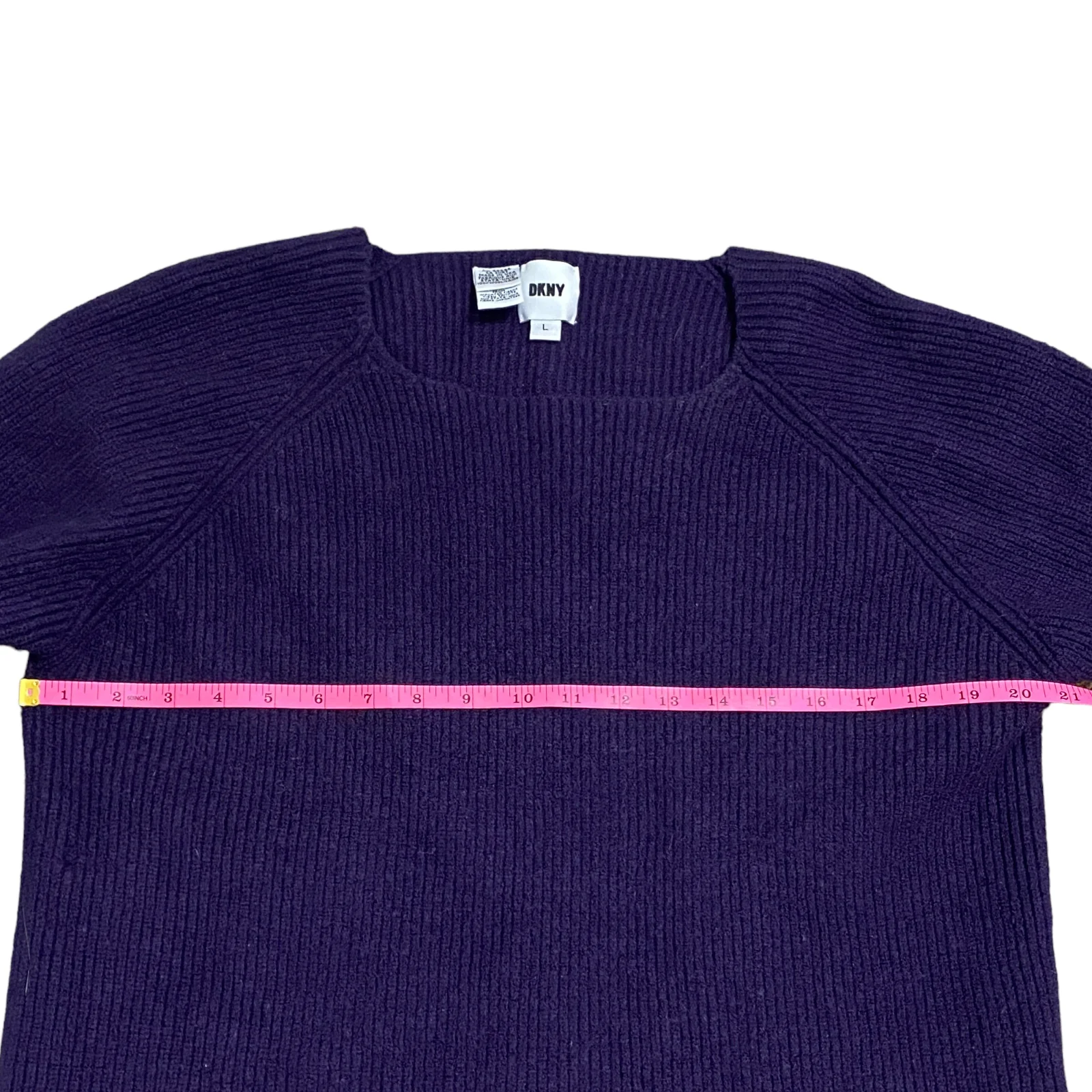 90s Purple Wool Raglan Sweater Sz L Ribbed Scoop Neck By DKNY - Image 5