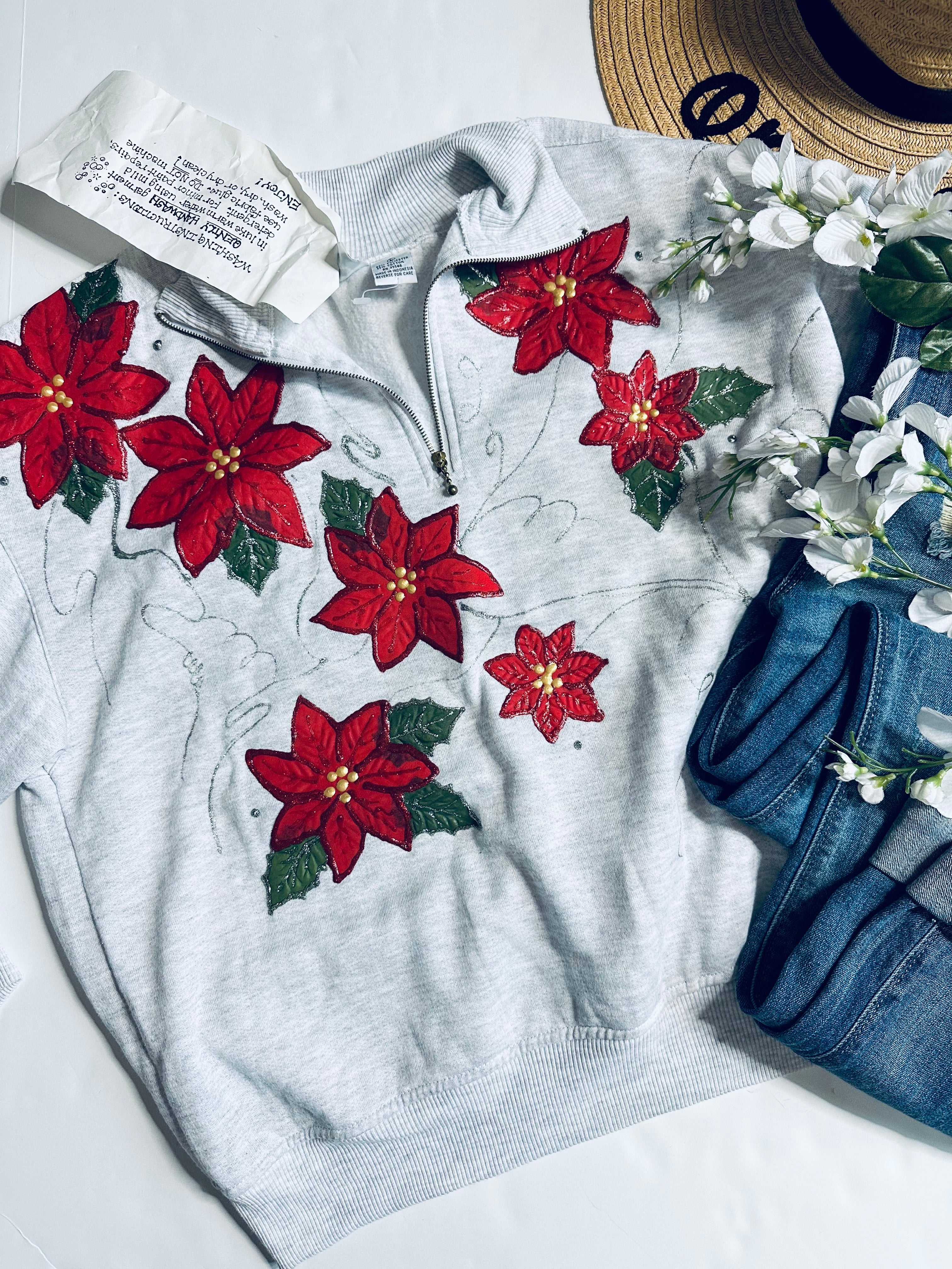 90s Quarter Zip Hand Painted Poinsetta Sweatshirt By Trend Basics - Image 3