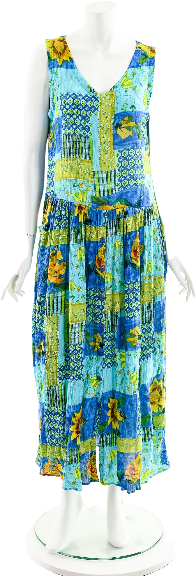 90s Rayon Blue Tone Sunflower Maxi Dress by Bila