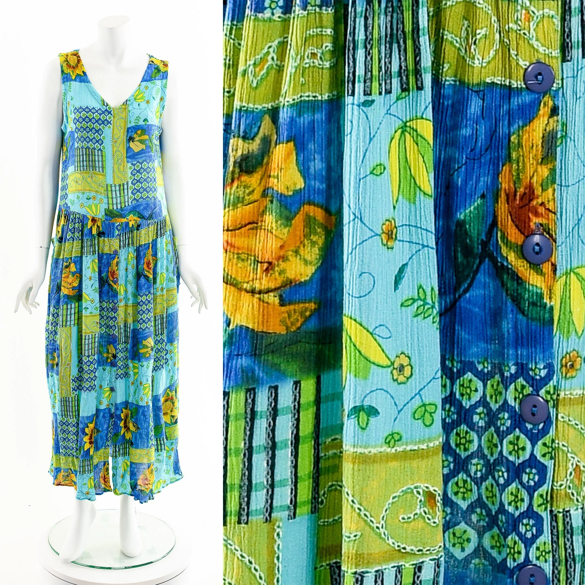 90s Rayon Blue Tone Sunflower Maxi Dress by Bila - Image 2