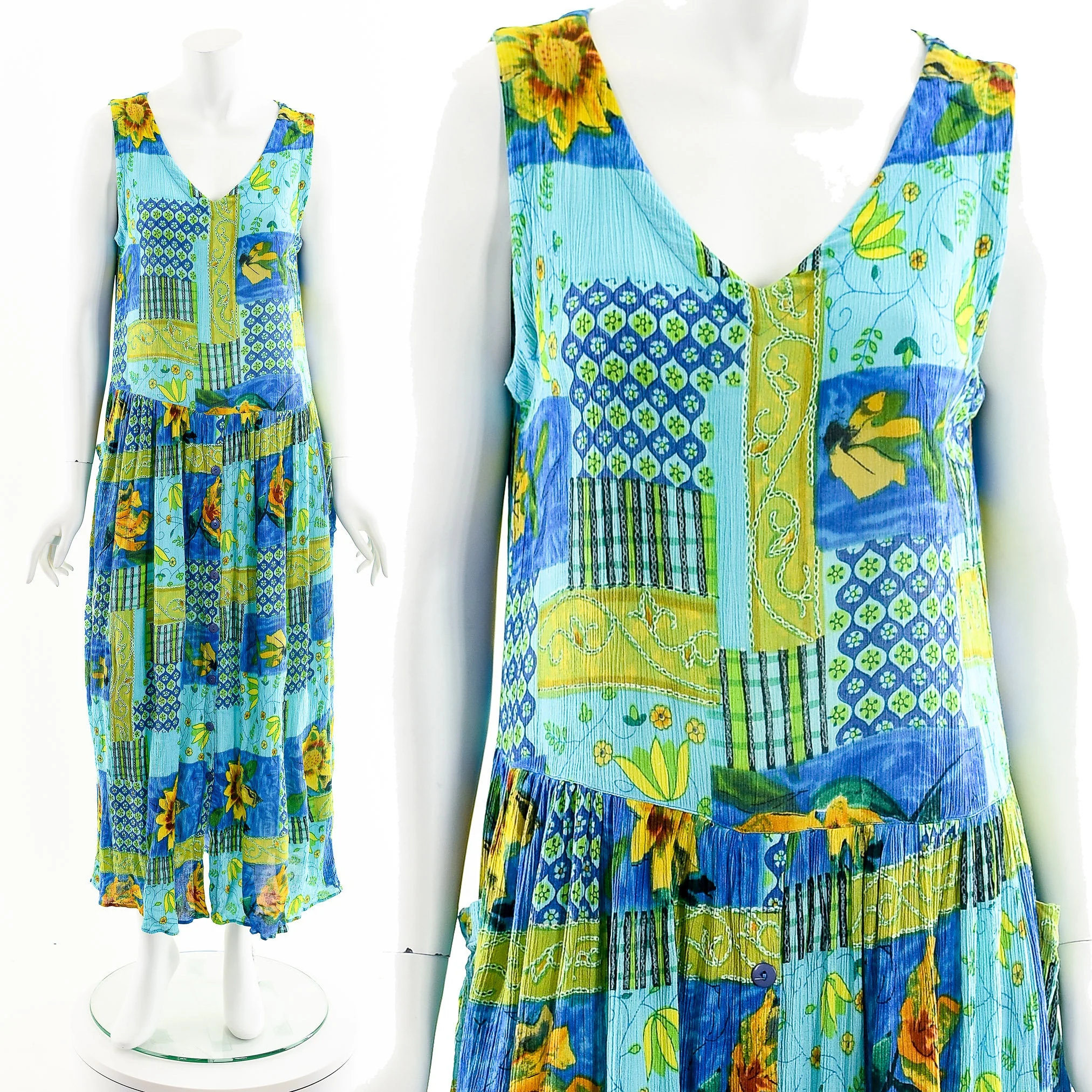 90s Rayon Blue Tone Sunflower Maxi Dress by Bila - Image 3