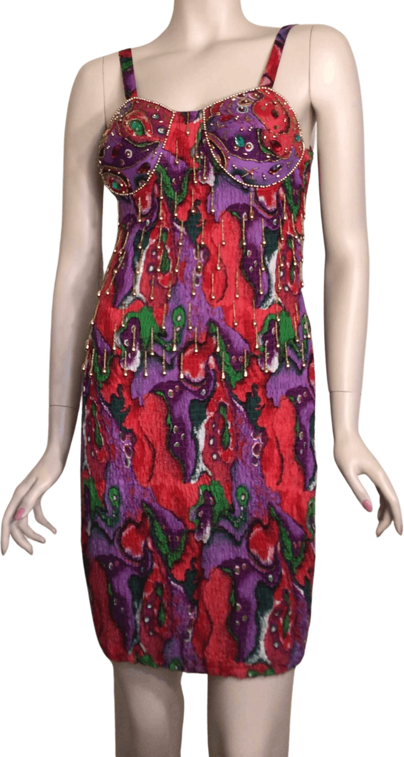 90s Red Abstract Beaded Rhinestone Mini Dress By Lybra Collection