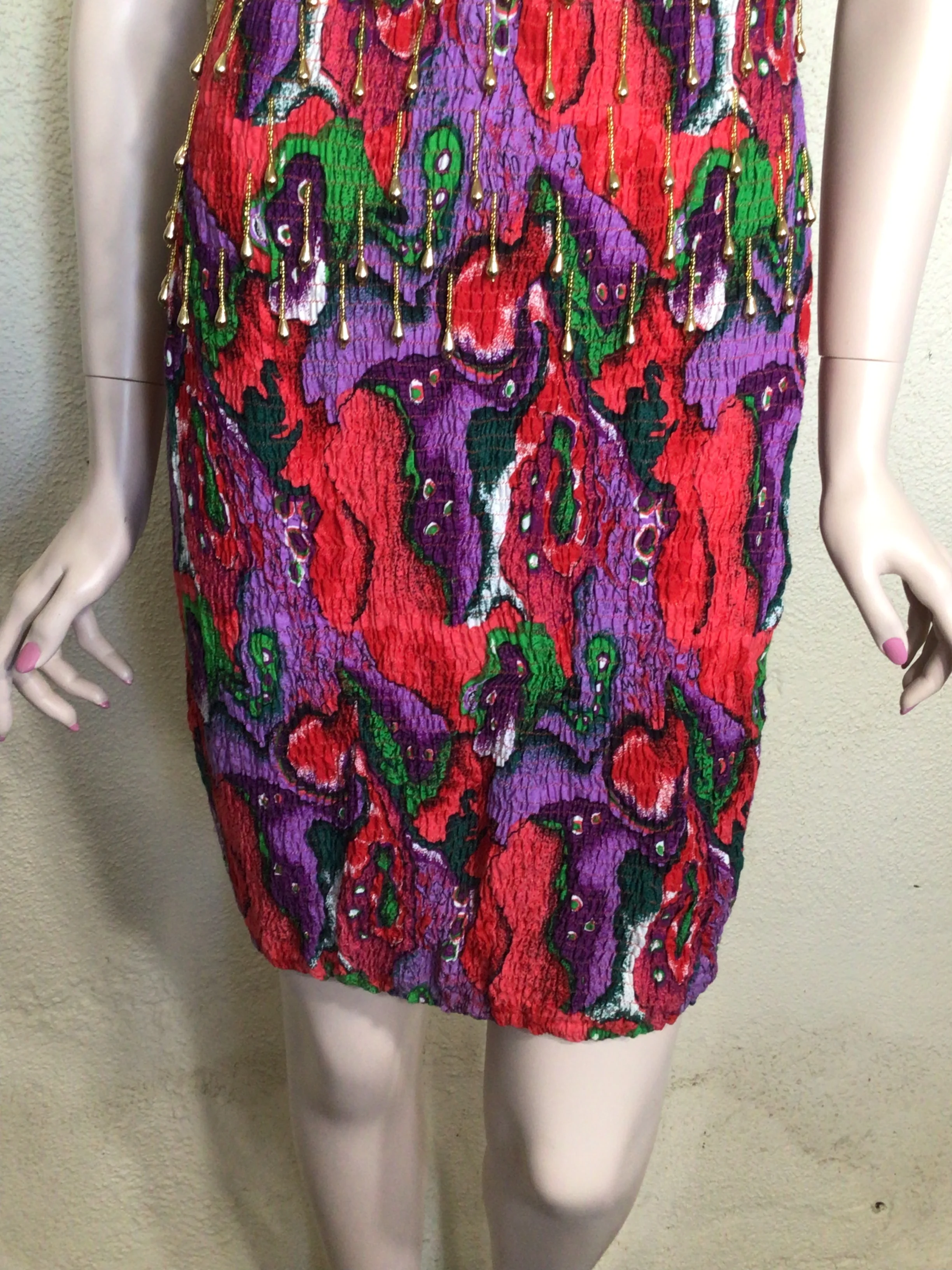 90s Red Abstract Beaded Rhinestone Mini Dress By Lybra Collection - Image 4