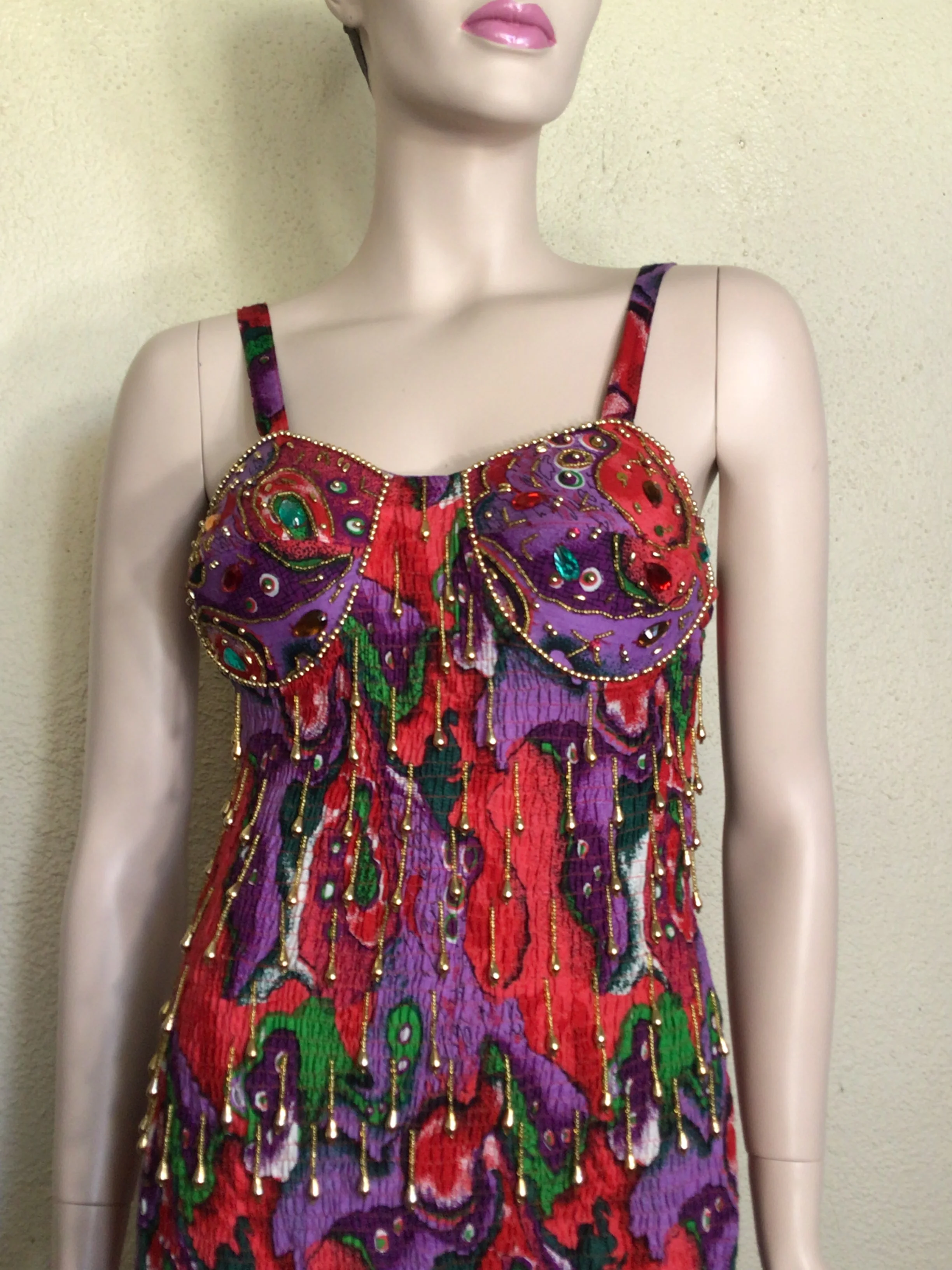 90s Red Abstract Beaded Rhinestone Mini Dress By Lybra Collection - Image 5