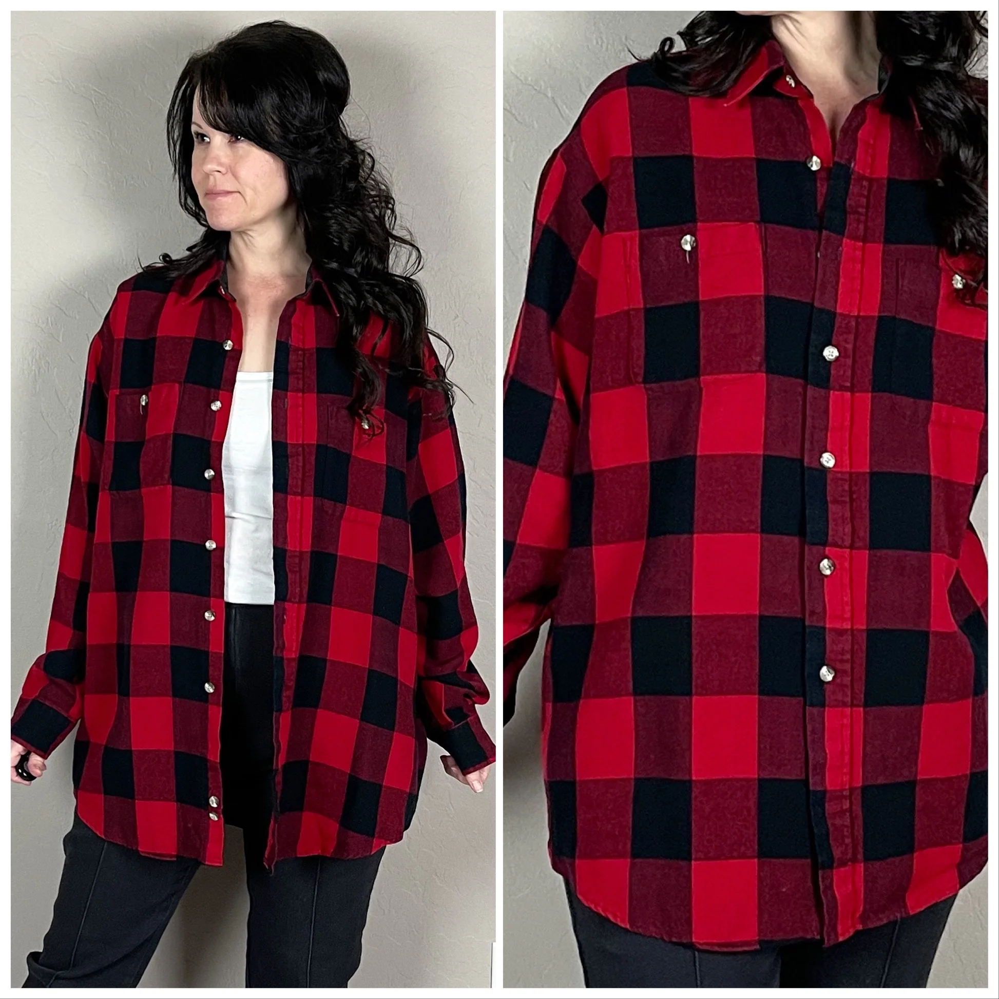 90s Red And Black Buffalo Check Button Up Flannel By Windridge - Image 2